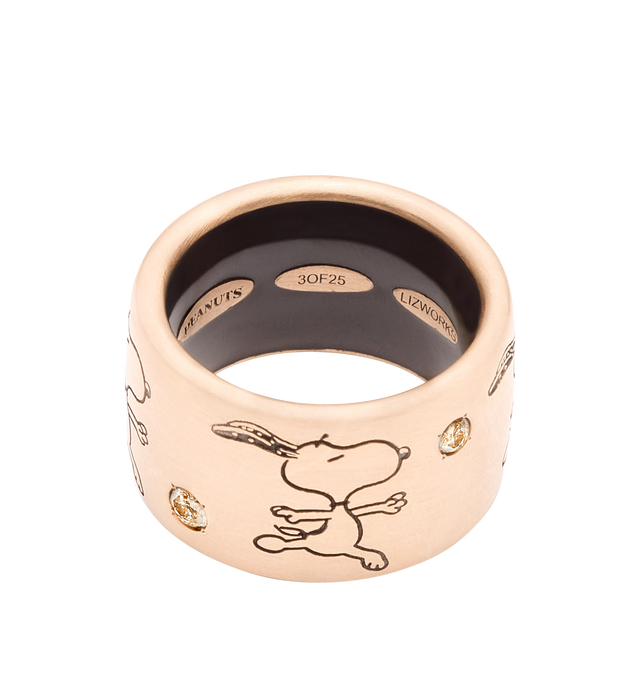 Image 2 of 3 - GOLD - LIZWORKS X PEANUTS Ballerina Snoopy Rose Gold Comic Strip Ring Band featuring 18k rose gold ring with brown diamonds and chocolate brown enamel. 13.5 mm. Cheap Luxury Handbag Shop offers a range of initial pieces from this collection in-store. For personal consultation and detailed information about jewelry, please contact our dedicated stylist team at personalshopping@hirshleifers.com. This item may be restricted for online purchase to international clients. For assistance purchasing this item ple