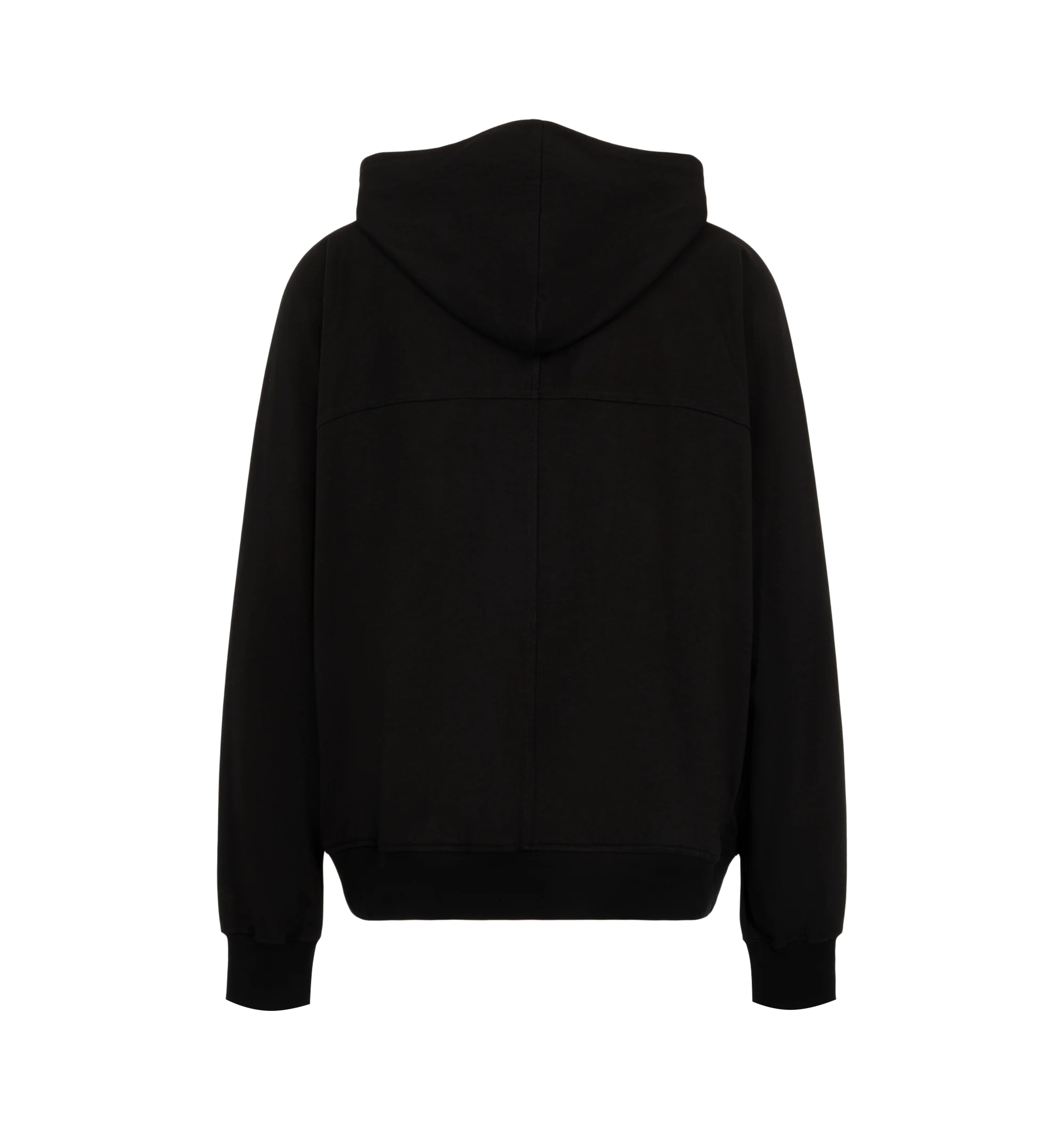 Image 2 of 3 - BLACK - Rick Owens Mens Windbreaker is crafted from heavyweight organic cotton jersey. Features a hip-length silhouette, hood with drawstring, front zip closure, raglan sleeves, front and back yoke, two side pockets with rounded topstitching, and ribbed cuffs and hem. Main Material: 100% Organic Cotton. Made in Italy.