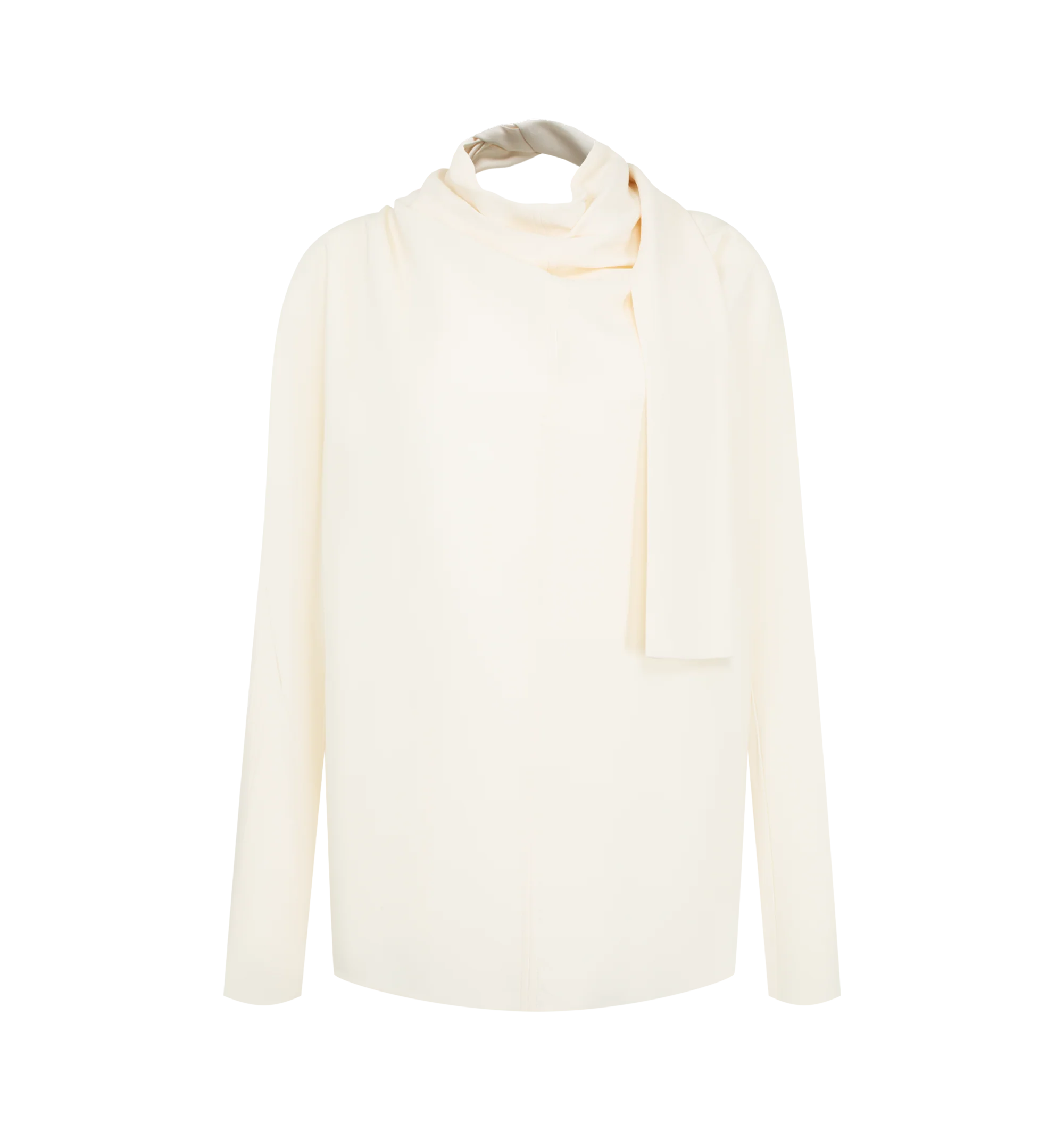 Image 1 of 2 - CREAM - Toteme Women's Cowl Neck Blouse is cut from fluid cady with a statement cowl neckline that falls softly across the chest. Slender scarf ends tie at the nape for an undone finish. Materials: 96% viscose, 4% polyester.