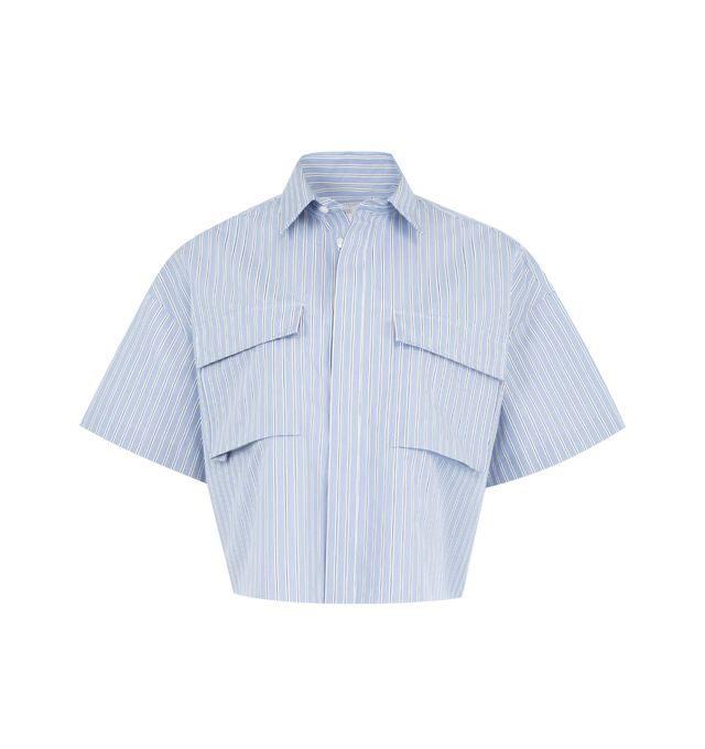 Image 1 of 3 - BLUE - SACAI Cotton Poplin Shirt featuring a cropped fit, short sleeves, classic collar, concealed front button closure, two patch pockets on front with flap for closure, striped pattern and oversized fit. 100% cotton.