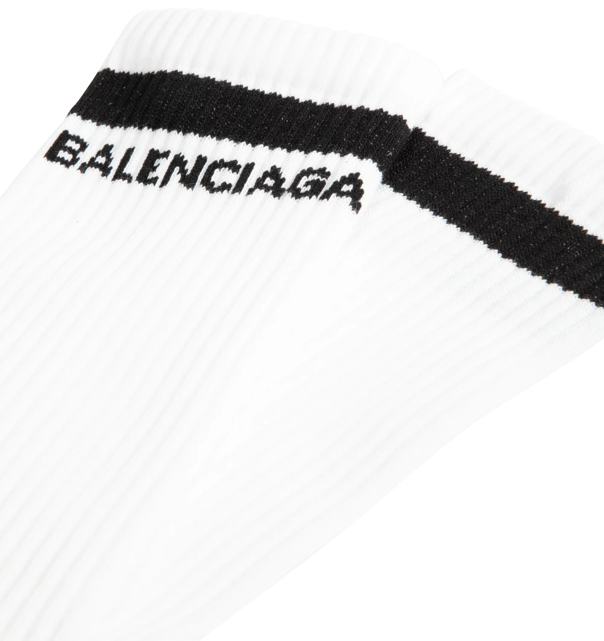 Image 2 of 2 - WHITE - Balenciaga Mens Logo Socks are crafted from a breathable cotton blend. Feature a high-length silhouette, ribbed cuffs, and jacquard logo detailing at the ankle. Main Material: 75% Cotton, 23% Polyamide, 2% Elastane. Made in Portugal.