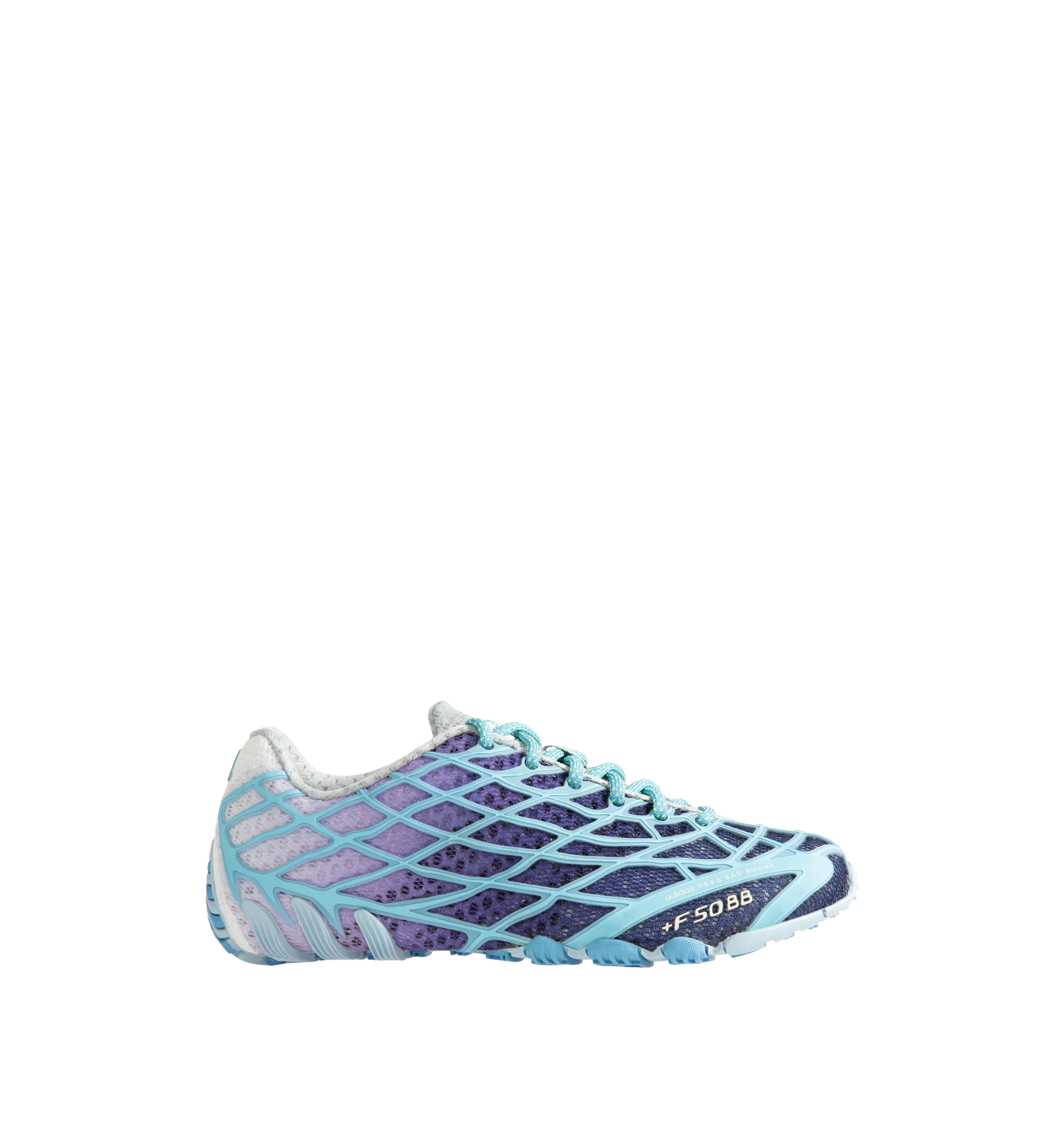 Image 1 of 5 - BLUE - Adidas x Bad Bunny F50 Ghost Sprint Sneakers are crafted with a streamlined low-top silhouette and feature speed-inspired design elements, signature Bad Bunny collaboration details, lace-up fastening, and a durable rubber sole. These designer sneakers combine football-inspired heritage with contemporary streetwear styling for elevated everyday wear. Main Material: Textile and Synthetic Upper. Sole: Rubber.