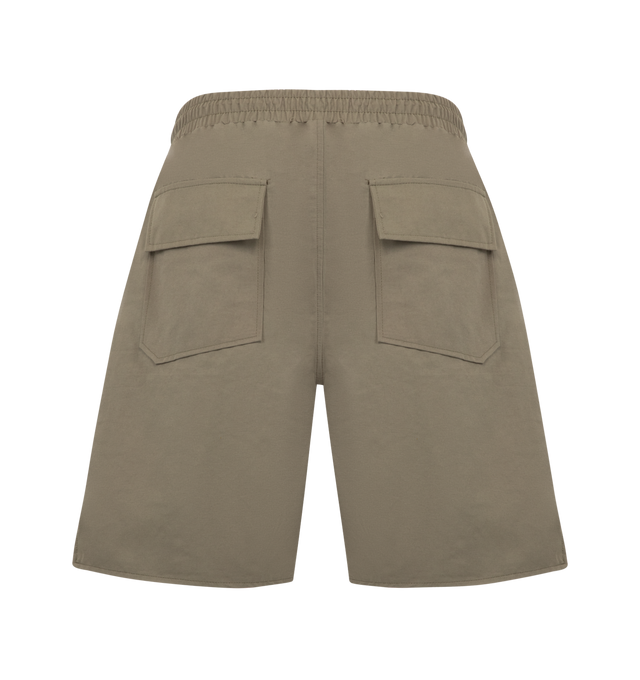 Image 2 of 3 - NEUTRAL - Rhude Mens Nylon Shorts are crafted from premium washed nylon. Feature logo print across the front legs, twin zip pockets with tonal Rhude Pill hardware, and extended drawstrings in signature mustard tone. Main Material: 100% Nylon. Made in the USA.