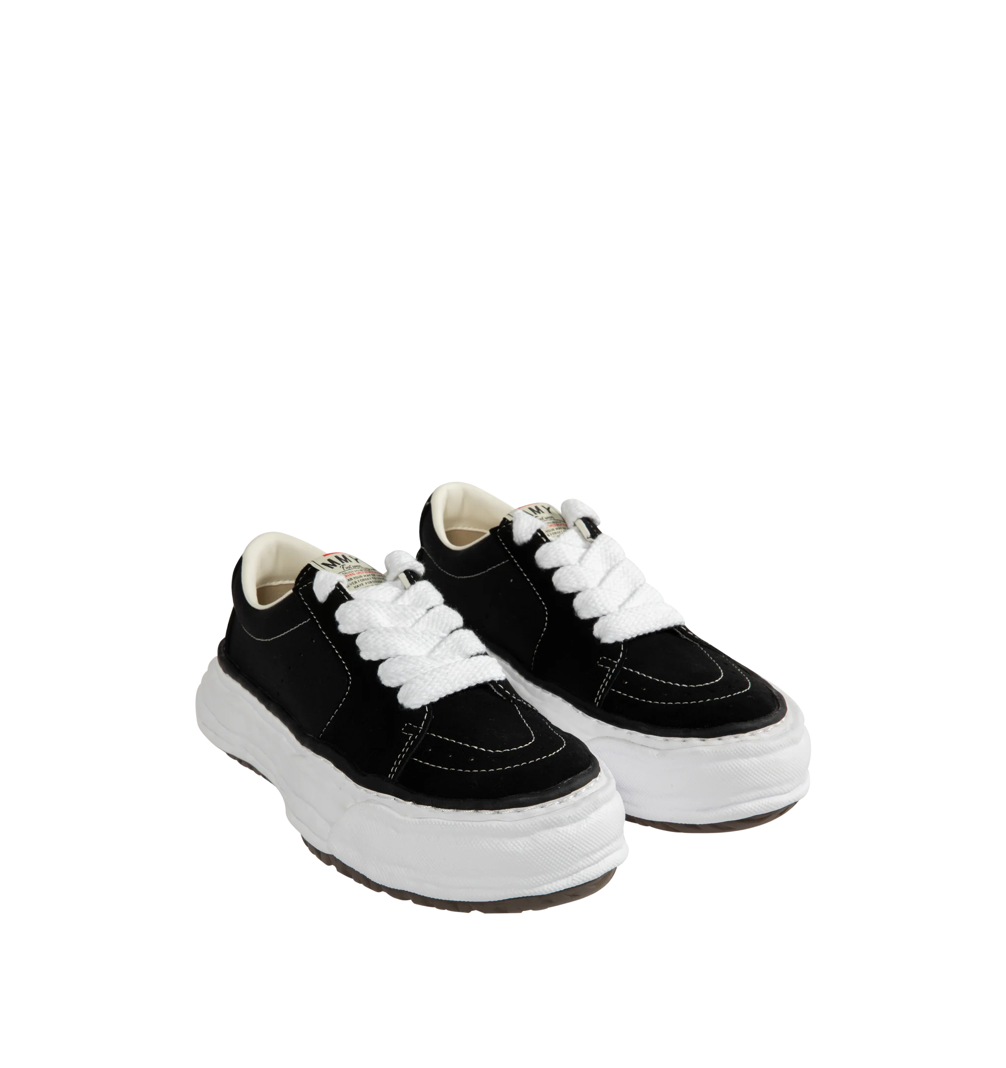 Image 2 of 5 - BLACK - Maison Mihara Yasuhiro Men's Eric Sneakers feature the brand's signature hand-sculpted OG sole, a mixed-material suede and canvas upper, and distinctive toe stitching for a bold contemporary look. Designed for the Spring/Summer 2026 collection, these designer low-top sneakers combine Maison Mihara Yasuhiro's experimental aesthetic with everyday comfort, while the handcrafted-inspired sole and intentional vintage detailing create a truly distinctive silhouette. Main Material: Cow Leath