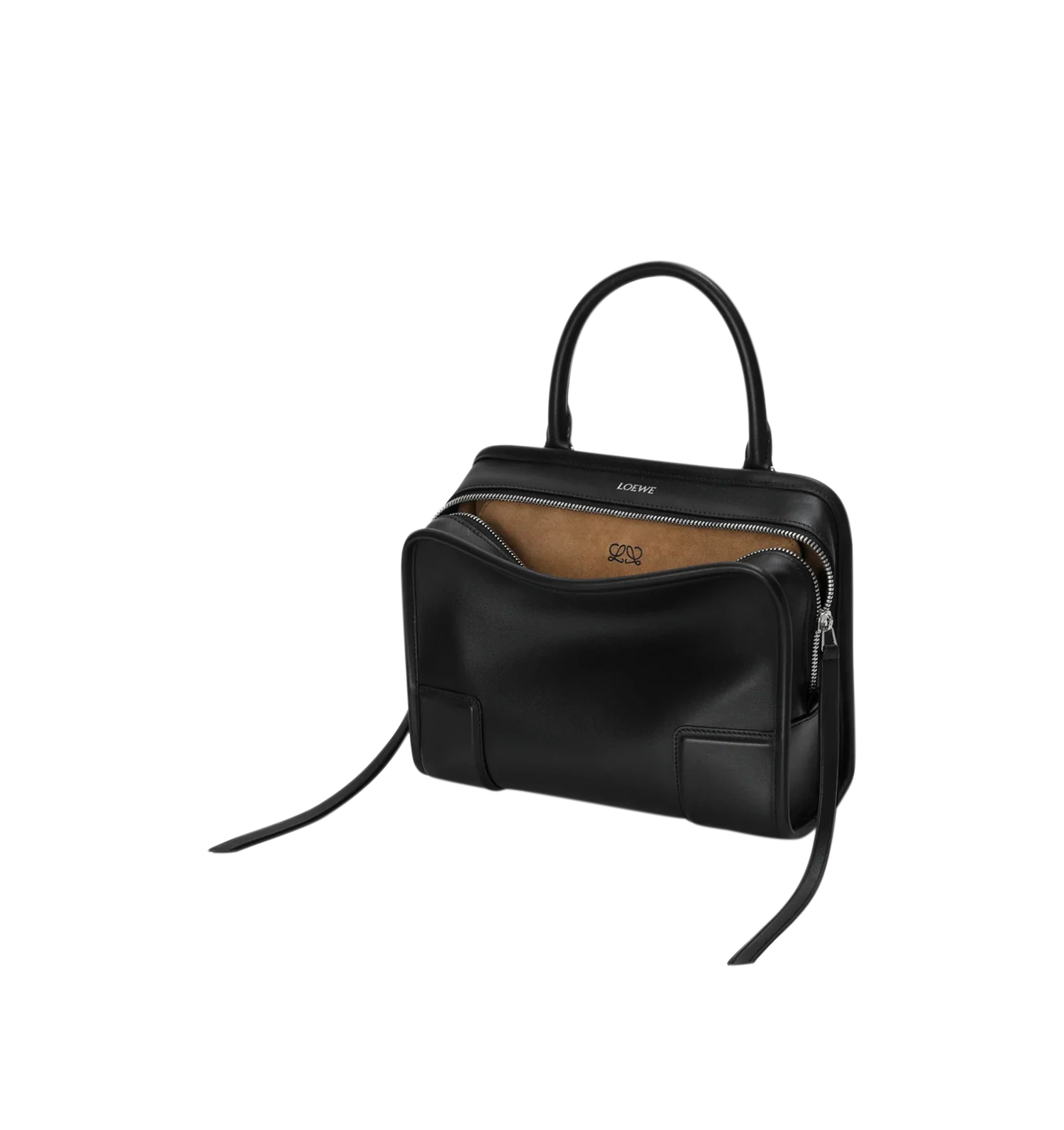 Image 7 of 16 - BLACK - Loewe Small Amazona 180 Bag in leather features a relaxed silhouette anchored by a single toron top handle, designed to be carried open, while a concealed closure secures the main compartment, three carry options: short handle, removable shoulder strap and crossbody, zip closure with two leather zip pullers, two compartments, main compartment closed with magnetic closure, internal flat pocket, left side d-ring for customization, nappa lambskin lining, and embossed double L branding.