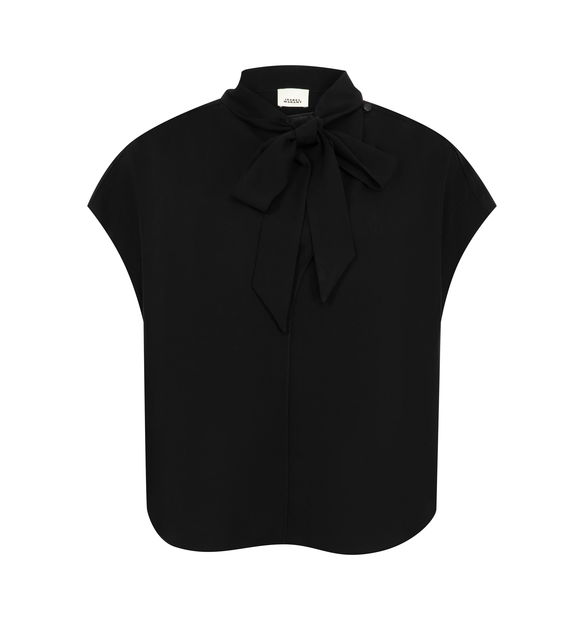Image 1 of 2 - BLACK - Isabel Marant Womens Selene-GB Top is crafted from a textured acetate blend. Features a relaxed silhouette with a stand collar, self-tie neck bow, concealed button-front closure, cap sleeves, and a curved hem. Main Material: 60% Acetate, 40% Polyester. Made in Romania.