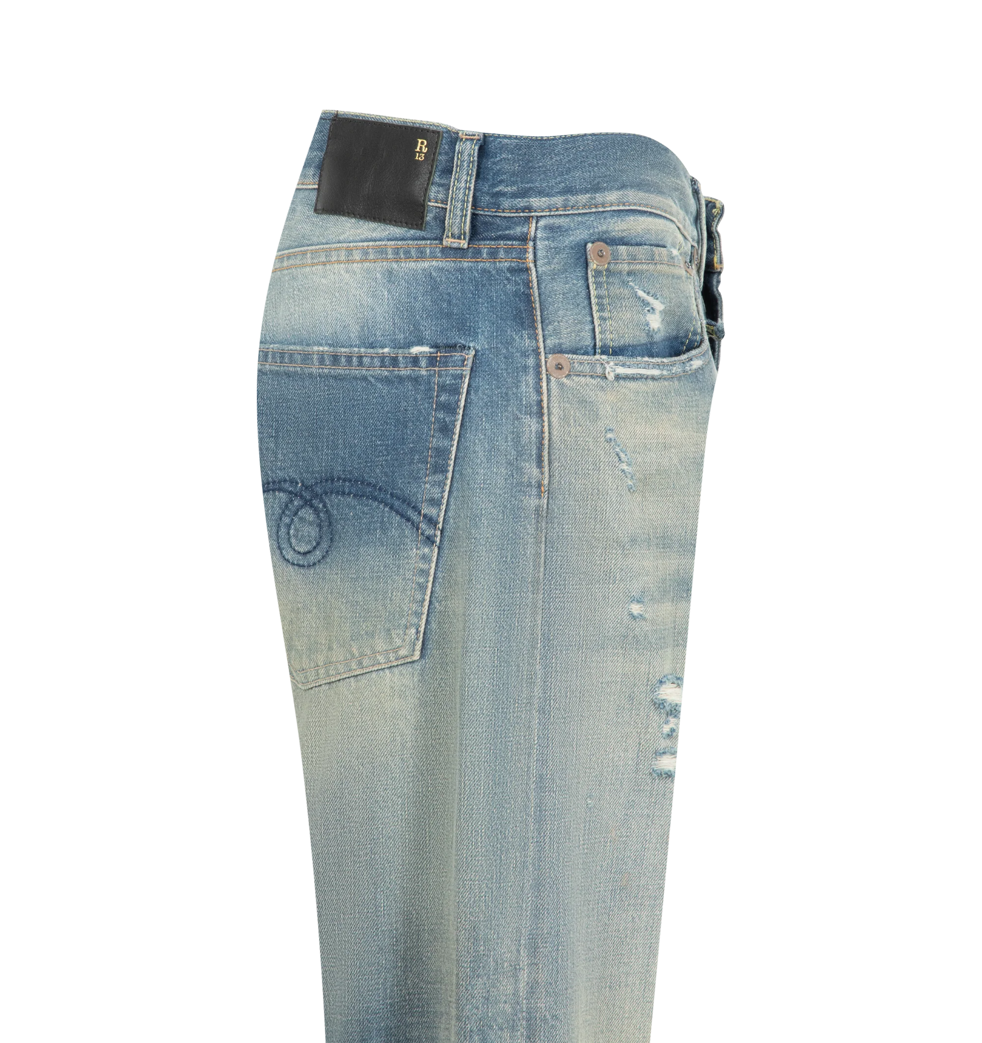 Image 3 of 3 - BLUE - R13 Cuffed Boyfriend Jean is crafted from denim and features the brand's signature relaxed boyfriend silhouette with oversized rolled cuffs. Designed with a mid-rise waist, classic five-pocket construction, and a worn-in wash that enhances its vintage-inspired character. Main Material: Cotton. 