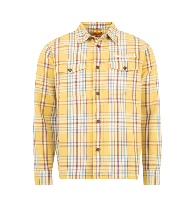 Image 1 of 2 - YELLOW - HUMAN MADE Heart Patch Check Shirt featuring a classic check flannel, front embroidered logo, oversized back patch, two chest pockets and button closure. 100% cotton.