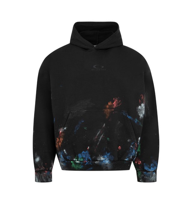 Image 1 of 2 - BLACK - BALENCIAGA Painter's Shirt Medium Fit Hoodie featuring dry fleece, worn-out details, hood without drawstring, dropped shoulders, 1 kangaroo pocket on front, gathered at cuffs and waistline and painter's shirt artwork printed. 100% cotton. Made in Portugal.