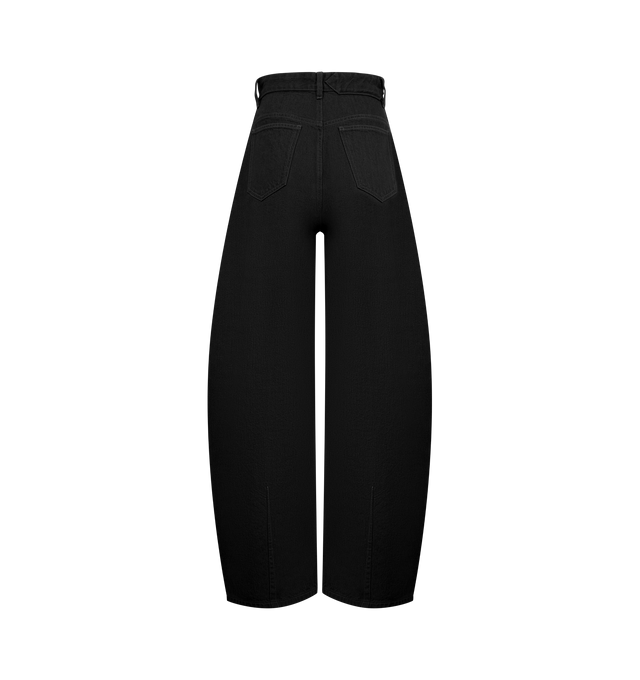 Image 2 of 3 - BLACK - JACQUEMUS Ovalo de-Nmes Denim Pants featuring high-waisted curved jeans, belt loops, zip fly with engraved metal button, five pockets including ticket pocket, embroidered J on the hip, darts on the hip, long curved leg, embroidered patch on the back, back yoke, back patch pockets and darts on the back hem. 100% cotton. Lining: 65% polyester, 35% cotton. Made in Italy.