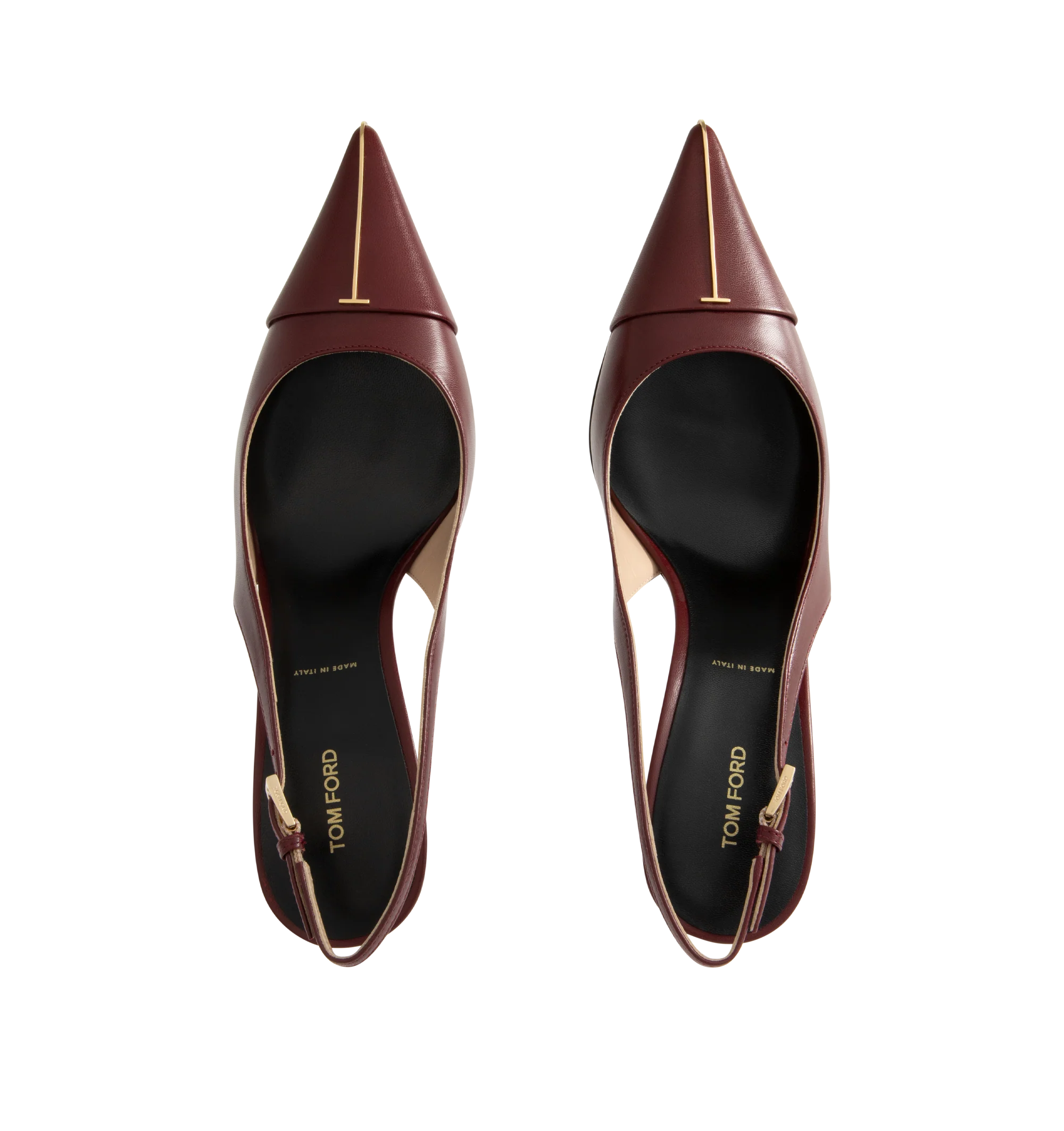 Image 4 of 4 - RED - Tom Ford Womens Thea Slingback Pumps are crafted from shiny goatskin leather. Feature an elongated pointed toe with signature pale gold-tone T metal detail, adjustable slingback strap, stiletto heel, and leather sole. Heel Height: 10.5 cm. Main Material: 100% Goatskin Leather; Sole: Leather. Made in Italy. 