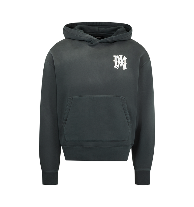 Image 1 of 2 - BLACK - AMIRI Hollywood Logo Hoodie featuring a washed effect, embroidered MA logo on the chest and an Amiri Hollywood patch letter logo on the back, hooded, long sleeves, kangaroo pocket and ribbed hem and cuffs. 100% cotton. Made in Italy.