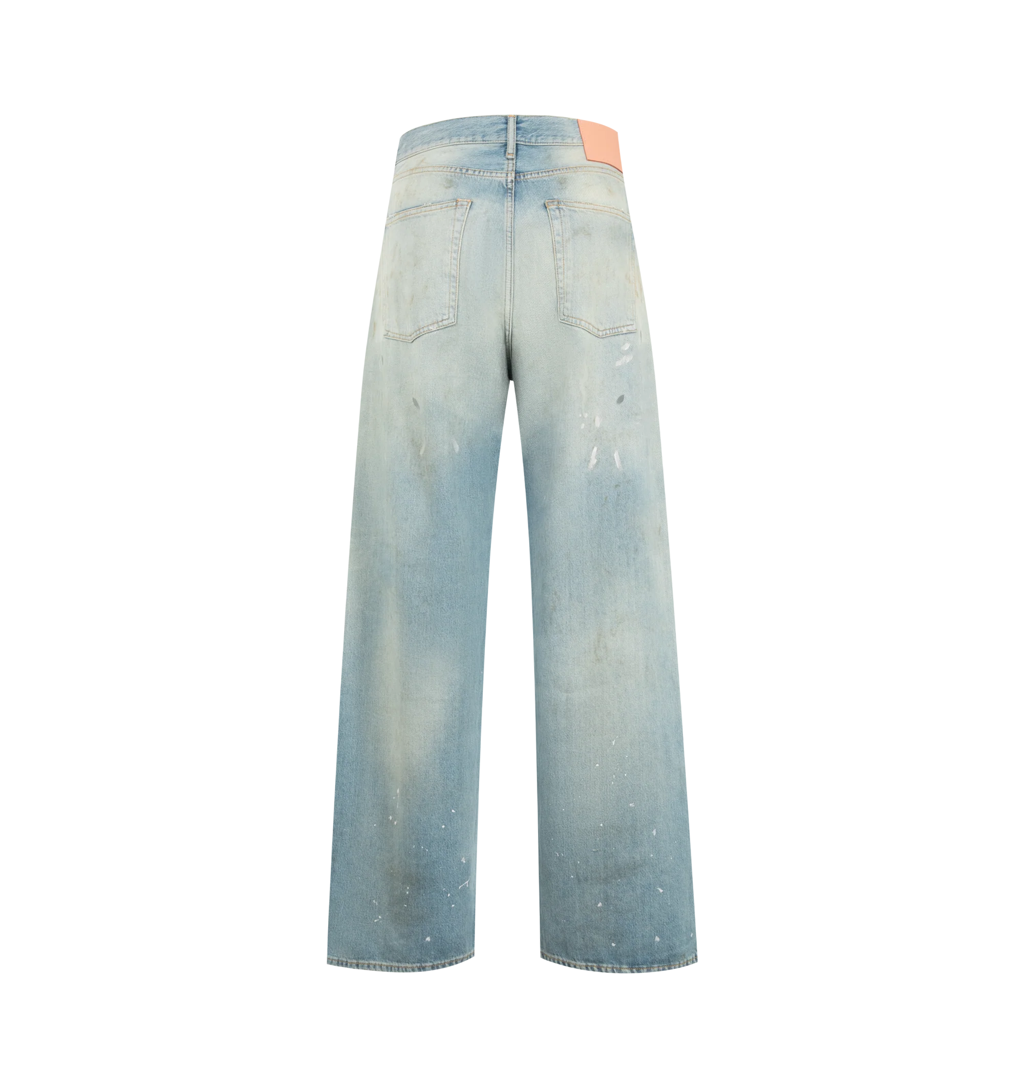 Image 2 of 3 - BLUE - Acne Studios men's 1981 Pale Blue Vintage Jeans are crafted from non-stretch slubby denim and feature a loose-fit silhouette with a low-to-mid rise and wide baggy leg. Finished with a light wash for an authentic worn-in look, these jeans are designed with a long length, classic five-pocket construction, and a button fly closure. Made from organically grown cotton. Main Material: 100% Cotton. Patch: 100% Cow Leather.