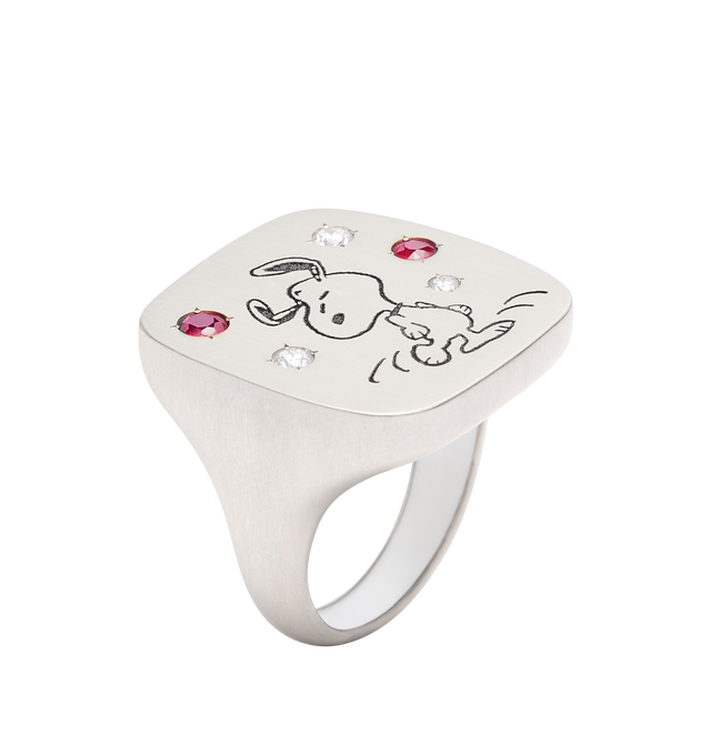 Image 3 of 4 - SILVER - LIZWORKS X PEANUTS Jazz Snoopy White Gold Square Face Ring featuring 18k white gold ring with 3 white diamonds, 2 rubies and white enamel. 22 mm x 23 mm. Cheap Luxury Handbag Shop offers a range of initial pieces from this collection in-store. For personal consultation and detailed information about jewelry, please contact our dedicated stylist team at personalshopping@hirshleifers.com. This item may be restricted for online purchase to international clients. For assistance purchasing this item p