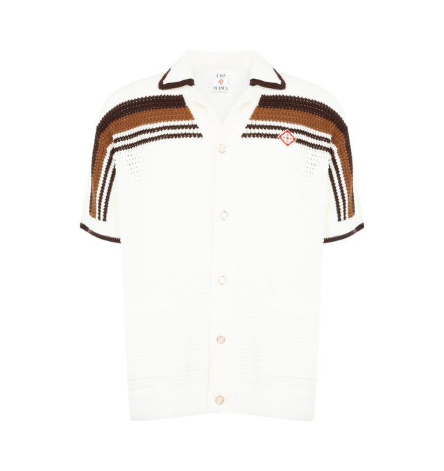 Image 1 of 2 - BROWN - Casablanca Men's Tennis Stripe Crochet Short Sleeve Shirt featuring the house's diamond logo patch and tennis stripe detail across the shoulders, chest and sleeves, in natural colours forming a gradient effect. Completed with a ribbed collar, cuffs, hem and placket, button closure, front patch pockets, signature gold rim pearl buttons, and a relaxed silhouette. Designed to be worn with the coordinating crochet shorts. 100% cotton. Made in Malaysia.
