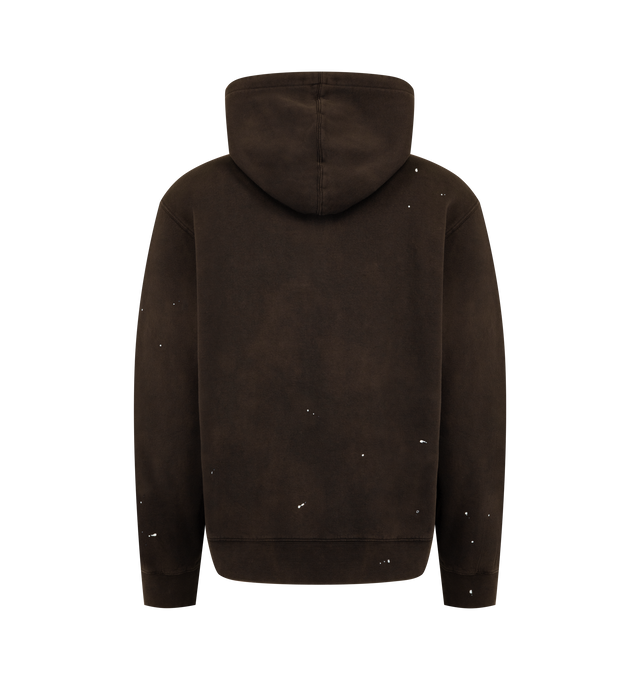 Image 2 of 2 - BROWN - CARHARTT WIP Hooded Painter Jacket featuring heavyweight cotton jersey with a brushed, fleece-like backing, boxy fit, dropped shoulders, ribbed trims, intentionally distressed, worn-in finish with paint accents throughout and an embroidered Script Logo appears on the chest. 100% cotton sweat.