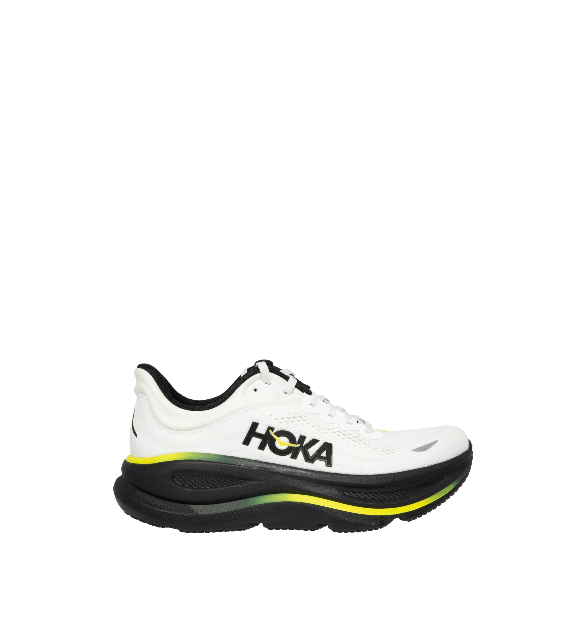 Image 1 of 5 - WHITE - Hoka M Bondi 9 Sneaker featuring engineered mesh upper with rubber sole, lace-up front, foamed EVA midsole and increased stack height for maximum cushioning, zonal breathability, reflective detailing and cushioned tongue and collar.
