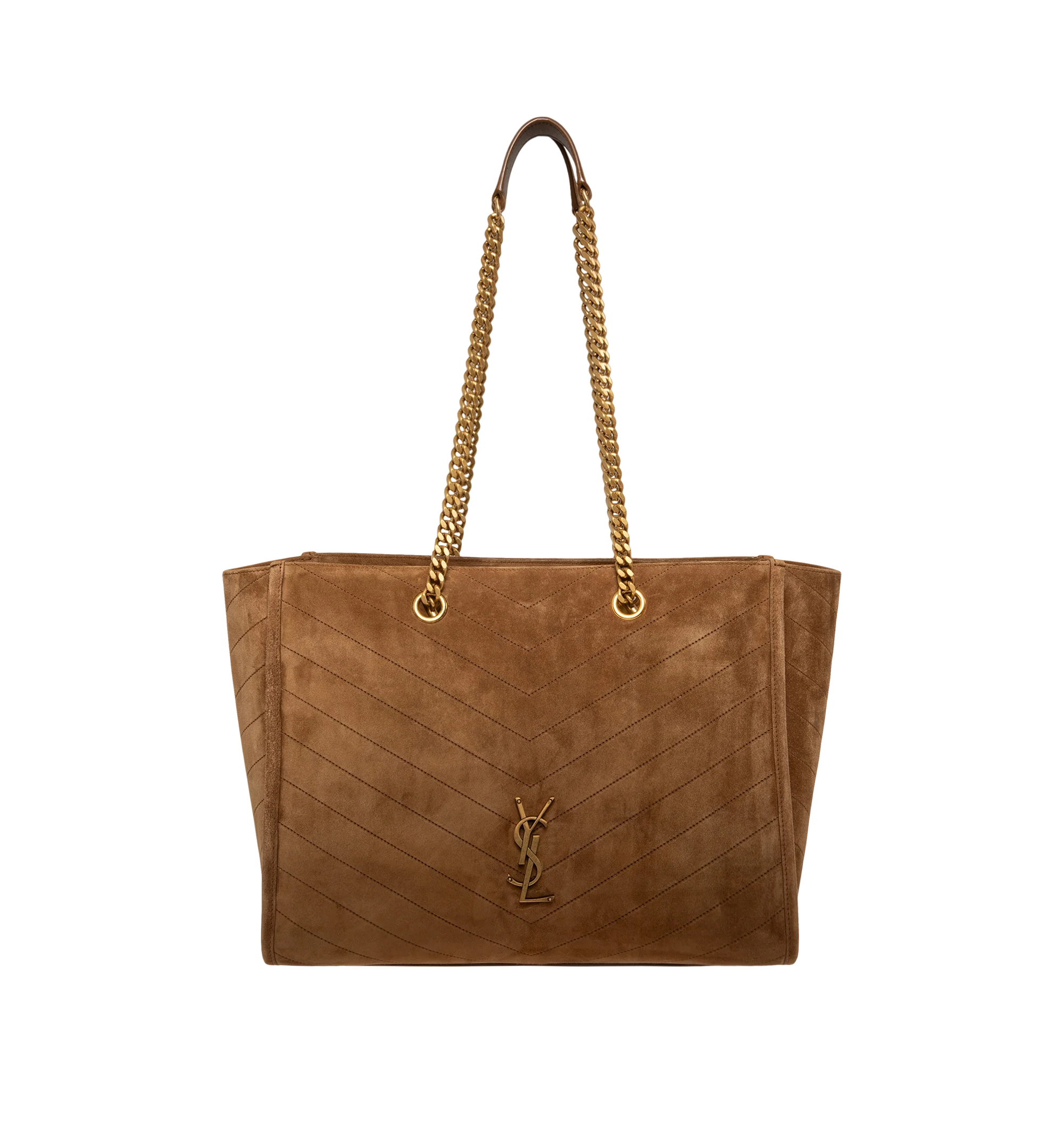 Image 1 of 3 - BROWN - Saint Laurent Womens East/West Shopping Bag is crafted from suede calfskin. Features signature Cassandre logo, chevron topstitching, chain shoulder straps, magnetic snap closure, cotton lining, one interior zip pocket, and bronze-tone hardware. Main Material: Calfskin Leather; Lining: Cotton; Hardware: Brass. Made in Italy.