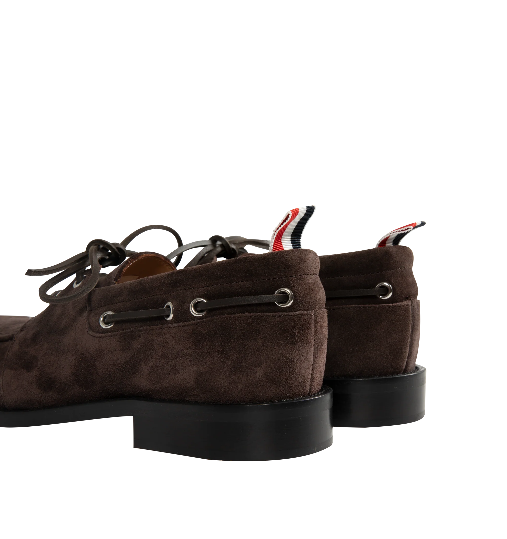 Image 3 of 4 - BROWN - Thom Browne Mens Boat Shoes are crafted from supple calf suede. Feature a lace-up closure, classic boat shoe silhouette, brogue detailing, rubber sole, and signature striped grosgrain loop tab. Main Material: Upper: 100% Calf Suede Leather; Lining: 100% Calf Leather; Sole: 100% Rubber. Made in Italy.