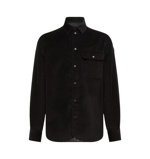 Image 1 of 1 - BLACK - Moncler Mens Corduroy Shirt is made for layering. Features a zipper and snap-button closure, chest pocket with snap-button closure, adjustable cuffs, and leather logo patch. Exterior: 100% Cotton; Lining: 100% Polyamide / Nylon; Leather Tag: Cow. Made in Romania.