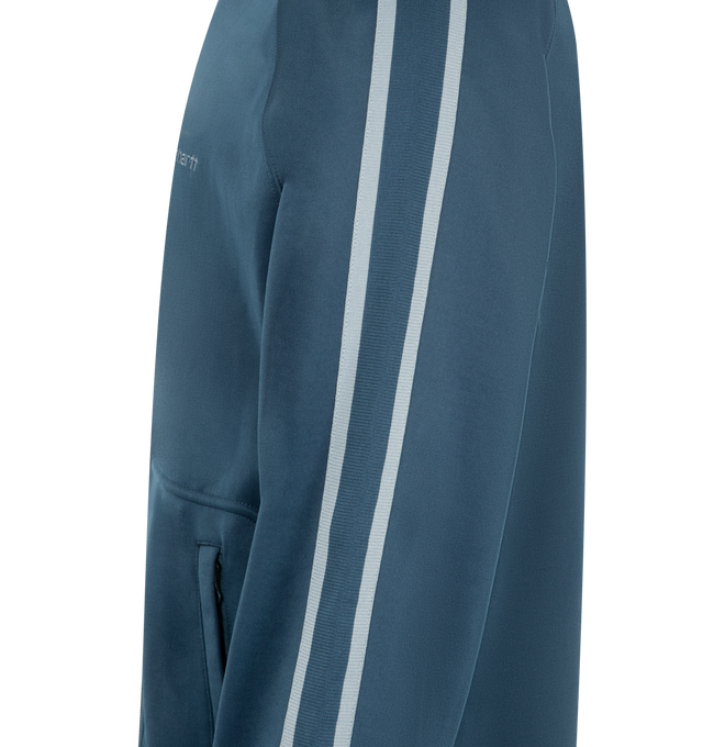 Image 3 of 3 - BLUE - CARHARTT WIP Bolar Sweat Jacket featuring a loose fit, midweight, unbrushed polycotton fabric, raglan sleeves, knitted tape detailing on the arms, welt pockets on the front and an embroidered Script Logo. 64% polyester, 36% cotton.