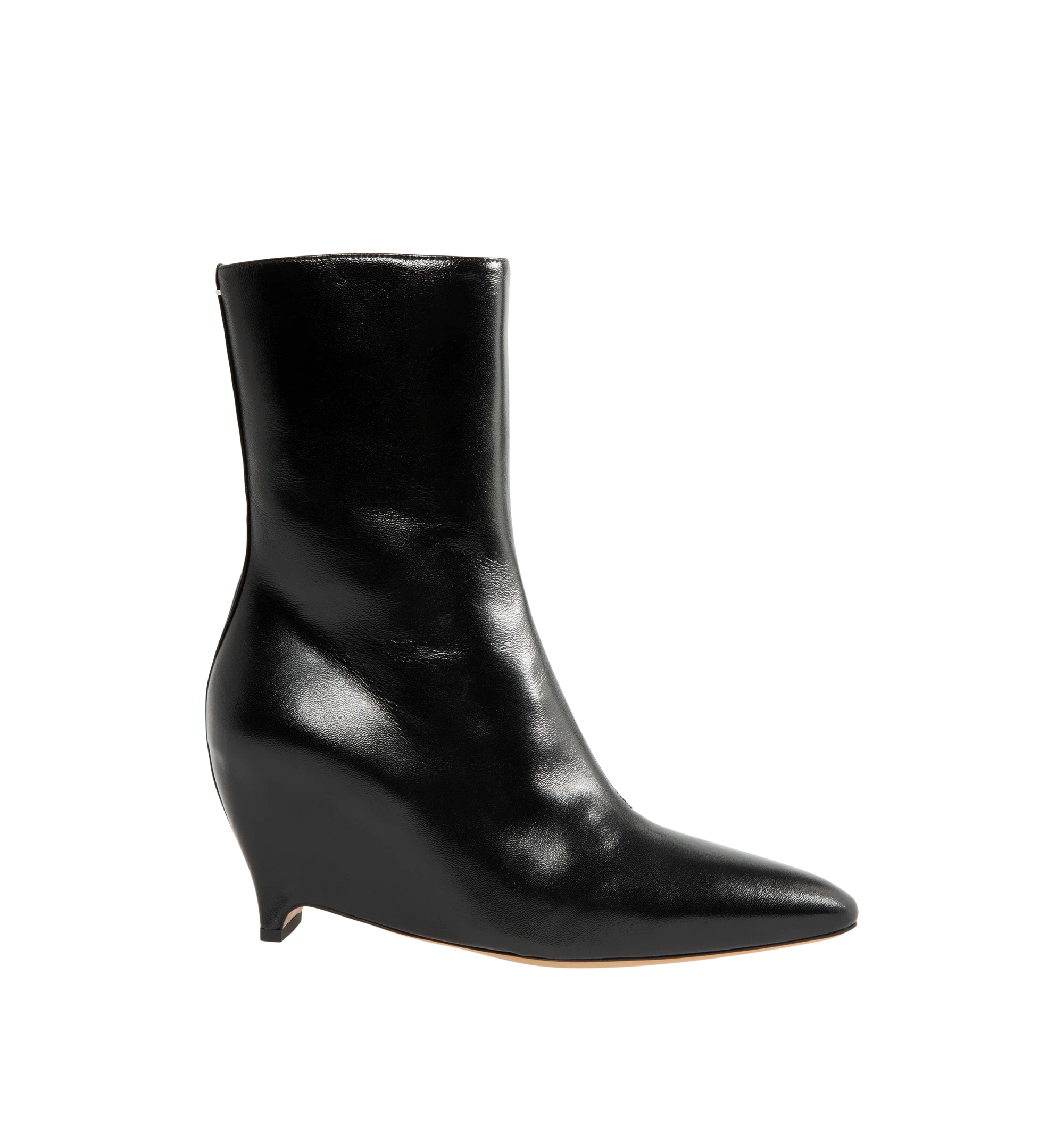 Image 1 of 4 - BLACK - Maison Margiela Women's Heel-Less Ankle Boots are crafted from soft nappa leather and reinterpret the Maison's archival heel-less silhouette with a sleek pointed toe and sculptural wedge heel. The seamless upper rises into an 80mm wedge, while the signature single white stitch at the back provides an understated house detail. Upper: 100% Ovine Leather. Lining: 100% Ovine Leather. Inside: 100% Ovine Leather. Sole: 100% Calf Leather. Heel Height: 80 mm / 3.1 in. Made in Italy.