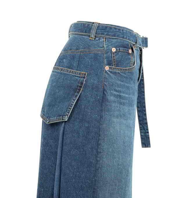Image 3 of 3 - BLUE - SACAI Denim Hybrid Midi-Skirt featuring Japanese denim, midi length, classic styling at the front and a hybrid-pleated design at the back, slightly A-line silhouette, D-ring belt, five-pocket style and zip fly. 100% cotton. Lining: 100% cupro. Made in Japan.