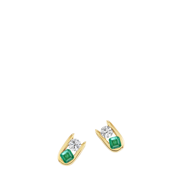 Image 1 of 1 - GOLD - Uniform Objects Major Impact Stud earrings are designed in 18K yellow gold and channel set with a brilliant cut diamond 0.66cttw and an Asscher cut emerald 0.70cttw. Cheap Luxury Handbag Shop offers a range of pieces from this collection in-store. For personal consultation and detailed information about jewelry, please contact our dedicated stylist team at personalshopping@hirshleifers.com.