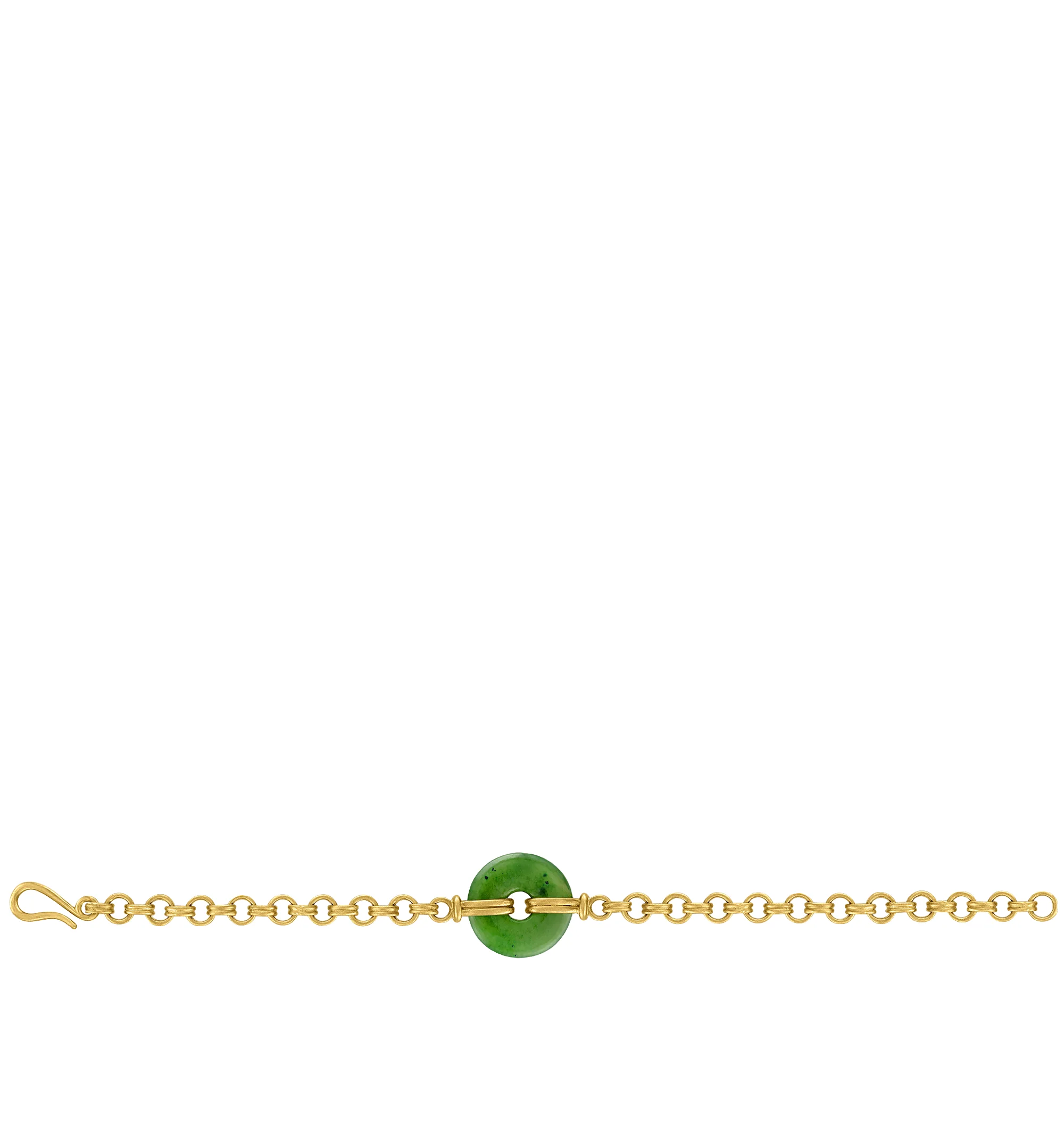 Image 2 of 2 - GOLD - Prounis Discus Double Link Chain Bracelet is handcrafted in New York and features a one-of-a-kind moss green jade disc accented by 22K yellow gold double links. Designed to fit a standard 7" wrist, each bracelet showcases a naturally unique jade stone with distinctive color and striation. For personal consultation and detailed information about jewelry, please contact our dedicated stylist team at personalshopping@hirshleifers.com.This item may be restricted for online purchase to int