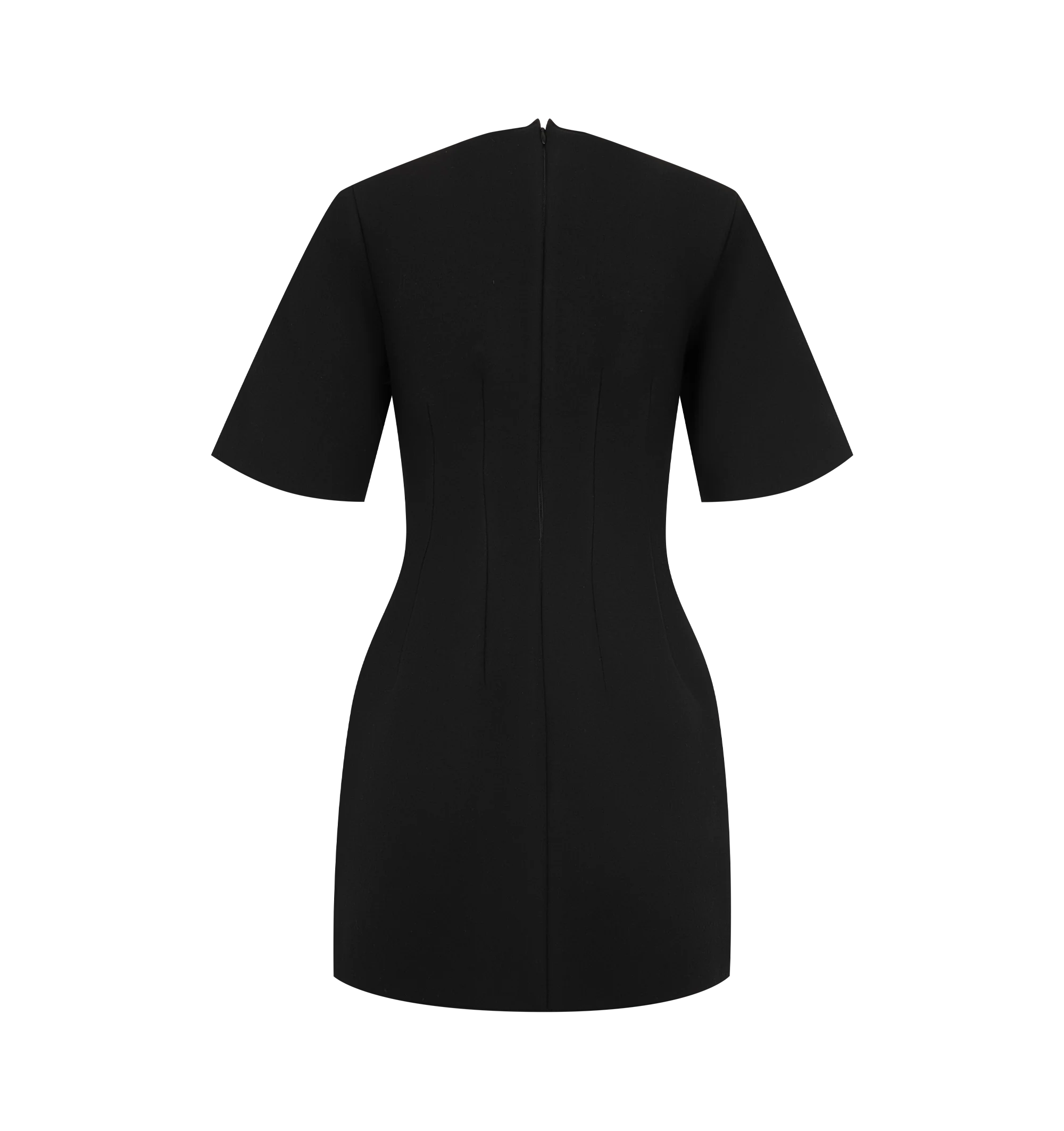 Image 2 of 2 - BLACK - Toteme Women's Sculptural Short Dress is crafted from smooth bonded scuba crepe with a cushioned hand feel and features precise darts through the waist. Cut to a mid-thigh length, this black dress is finished with elbow-length sleeves and a concealed back zipper. Main Material: 68% Viscose, 17% Wool, 15% Polyurethane. Made in Portugal.