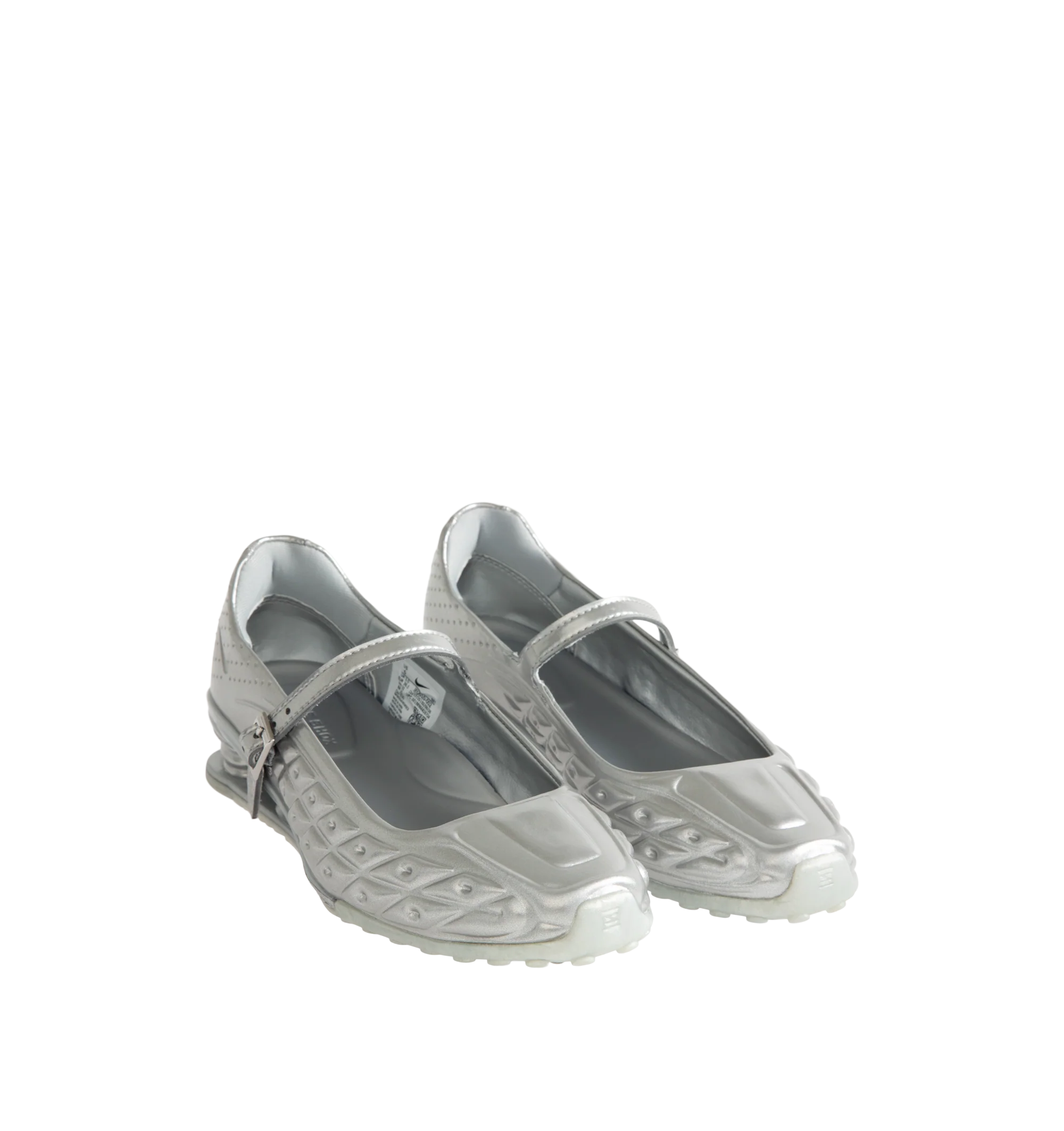 Image 2 of 5 - SILVER - Nike Womens Shox Z Calistra Shoe is a ballet-inspired flat on top of sleek sneaker-inspired heel cushioning. Designed with an adjustable midfoot strap, Nike Shox Z cushioning pillars, signature Nike and Shox branding, and durable rubber outsole. Upper: Synthetic Leather; Cushioning: Nike Shox Z; Outsole: Rubber. Imported
