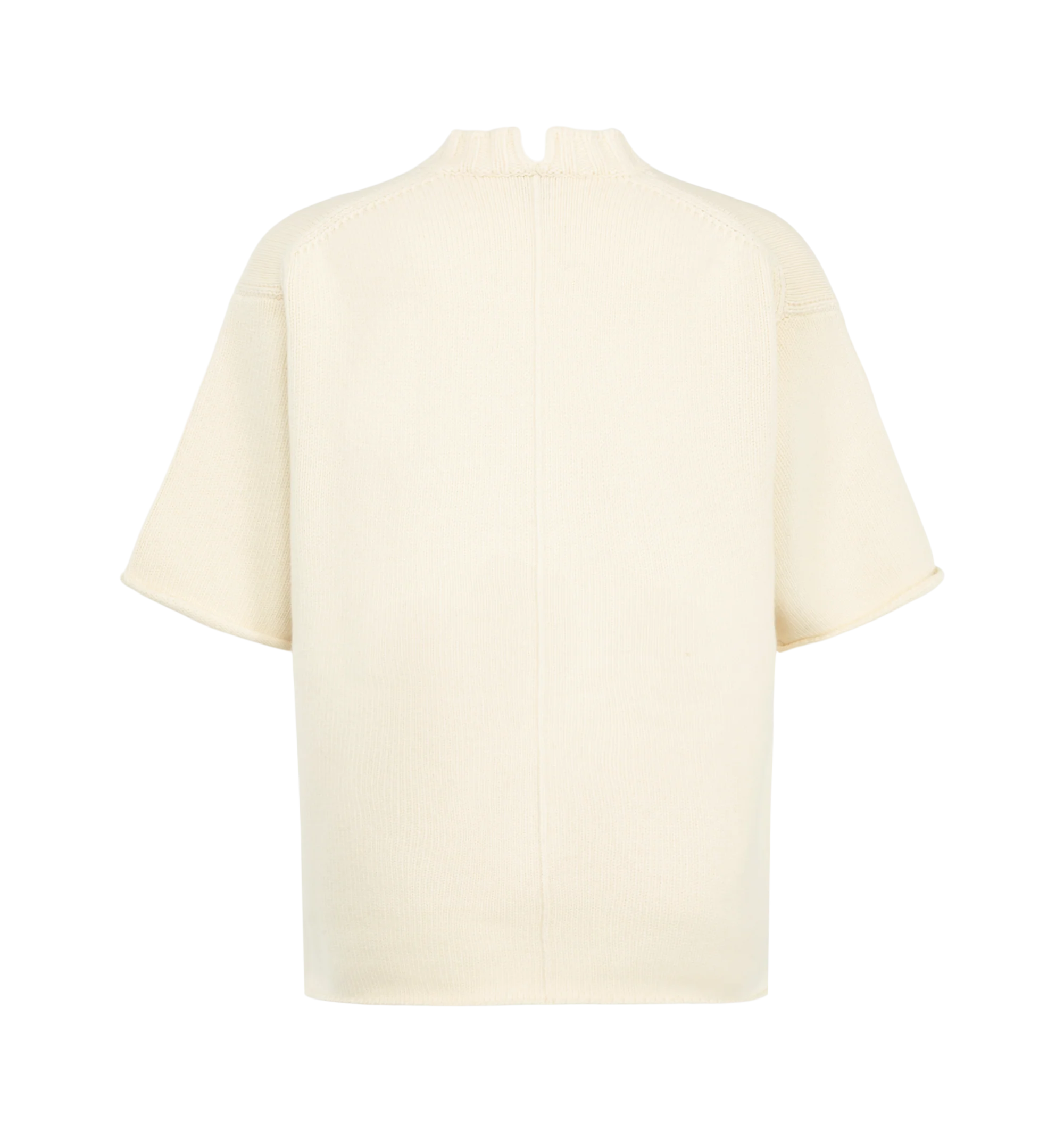 Image 2 of 3 - NEUTRAL - Bottega Veneta Women's short-sleeve knit sweater is a luxurious, boxy top crafted for a relaxed silhouette featuring a ribbed mock neckline with a front slit detail. Materials: 83% Wool 23% Polyester 2% Cashmere. 