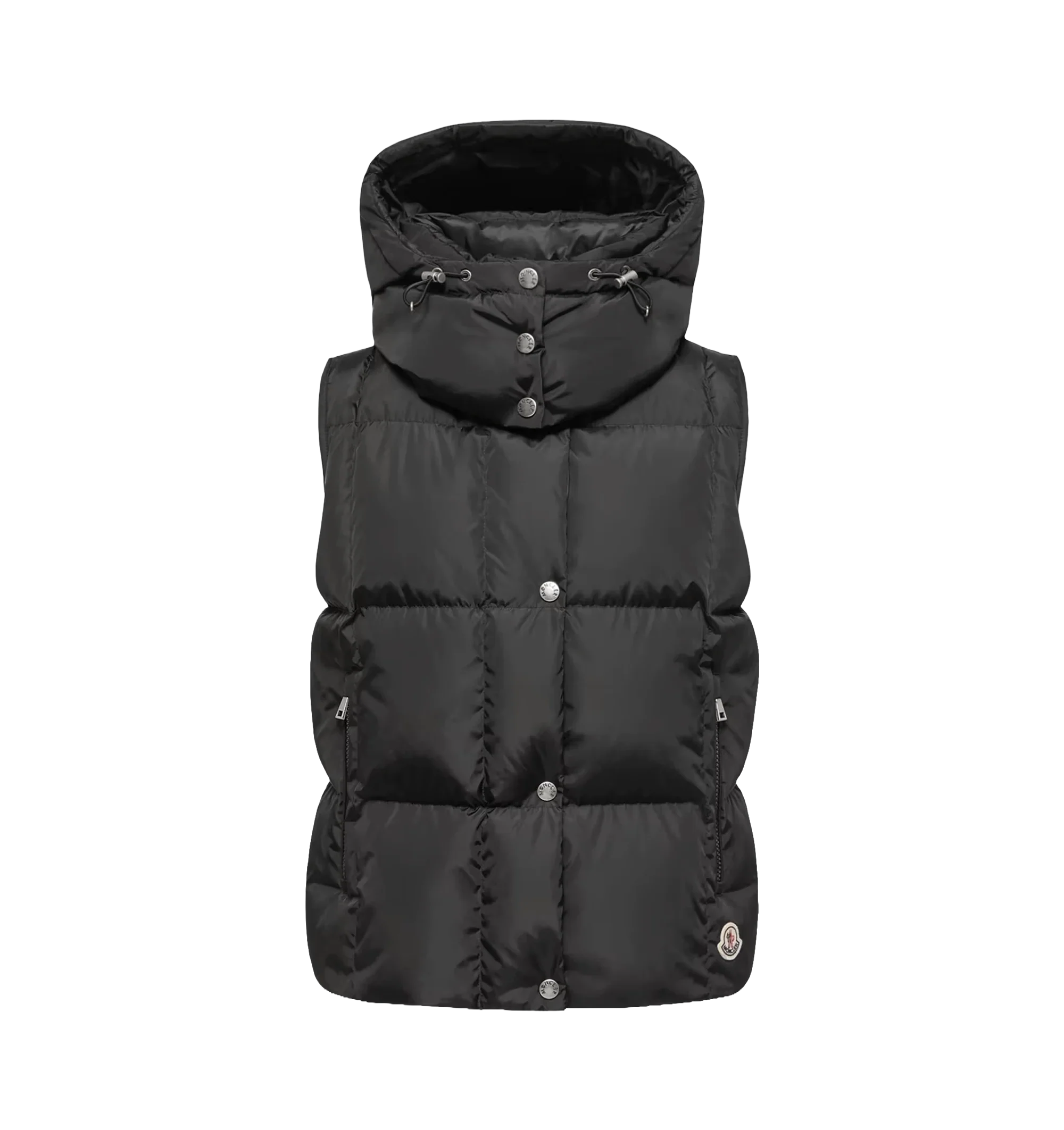 Image 1 of 1 - BLACK - Moncler Women's Macareux Down Vest is crafted from technical nylon with a subtle sheen and water-repellent finish, combining a minimalist aesthetic with lightweight warmth. Designed to layer over knitwear or beneath outerwear, this down-filled vest features a detachable and adjustable hood, a front zip closure with snap-button placket, zipped pockets, and a signature logo patch. Main Material: 100% Polyamide/Nylon. Lining: 100% Polyamide/Nylon. Padding: 90% Down, 10% Feather. Hood: De