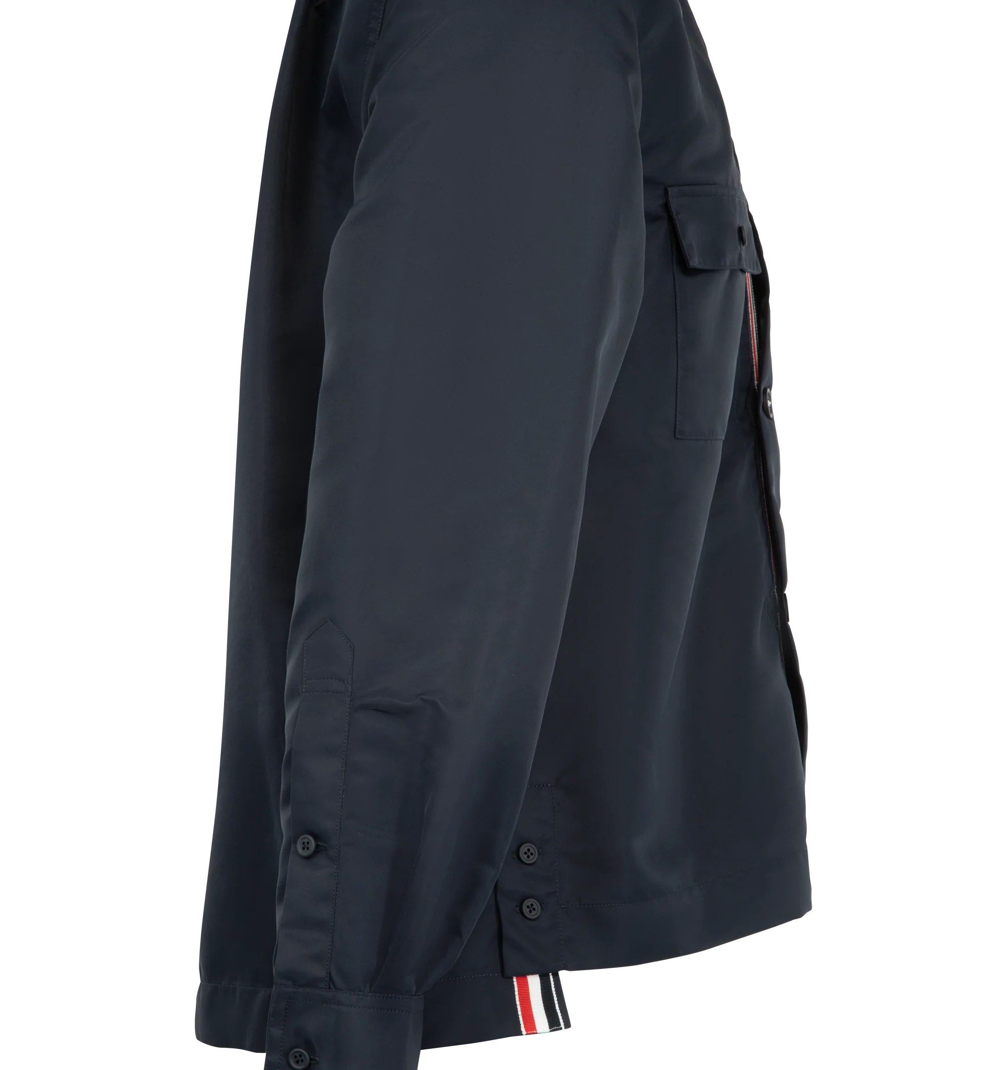 Image 3 of 3 - BLUE - Thom Browne Mens Tech Twill Shirt is crafted from lightweight technical twill. Features a button-front closure with signature RWB detailing, club collar with buttoned tab closure, buttoned flap chest pockets, buttoned cuffs, reinforced pleated back yoke with locker loop, buttoned side vents with internal RWB grosgrain trim, stepped hem, name tag appliqu, and signature striped grosgrain loop tab. Main Material: 100% Polyamide. Made in Italy. 