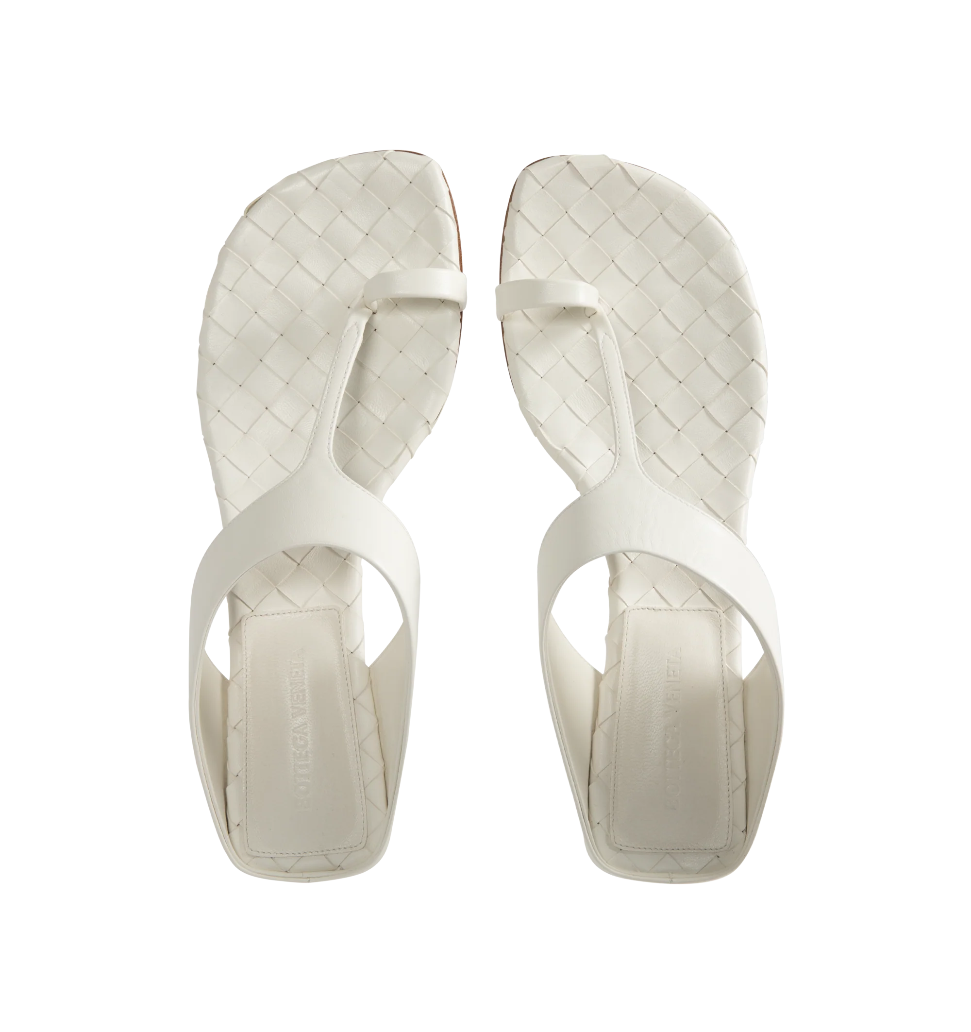 Image 4 of 4 - WHITE - Bottega Veneta Womens Kitten Heel Thong Sandals are crafted from nappa leather. Feature a toe-ring leather strap, Intrecciato leather insole, lambskin lining, kitten heel, and rubber-injected leather outsole. Upper: Nappa Leather; Lining: Lambskin; Outsole: Rubber-Injected Leather. Made in Italy.