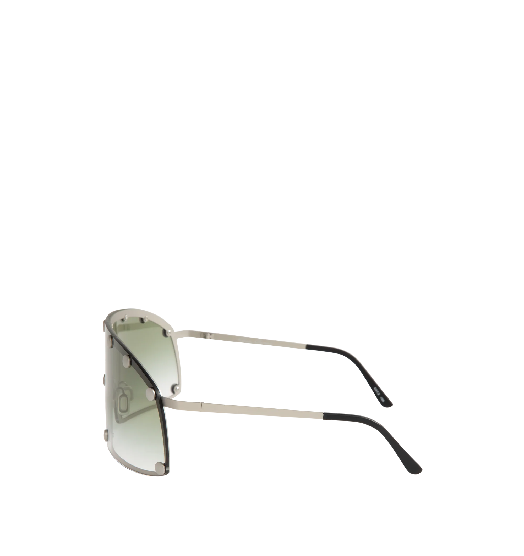 Image 2 of 3 - SILVER - Rick Owens Silver Shielding Sunglasses feature an aviator-style stainless steel frame with gradient green lenses and rivet detailing. Designed with adjustable rubber nose pads, rubber temple tips, and include a leather storage pouch. Frame Material: Stainless Steel. 100% UV protection. Made in Italy.