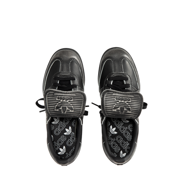 Image 5 of 5 - BLACK - ADIDAS Samba Long Tongue Sneaker featuring a smooth leather upper that reveals a distressed look, elongated tongue, regular fit, lace closure, leather upper, synthetic lining and rubber outsole.