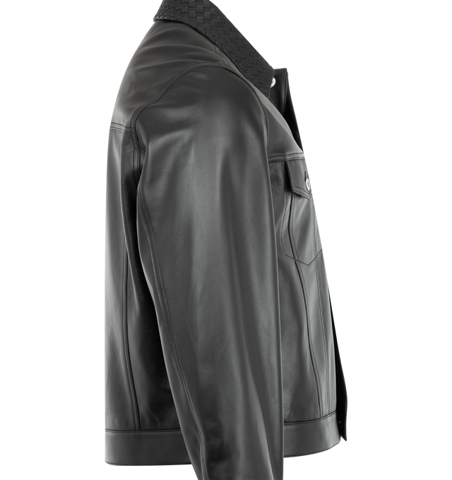 Image 3 of 3 - BLACK - BOTTEGA VENETA Leather Jacket featuring soft lambskin leather jacket, intrecciato leather collar, intrecciato leather detail inside the cuffs, fully lined and regular fit. Lambskin. Made in Italy.
