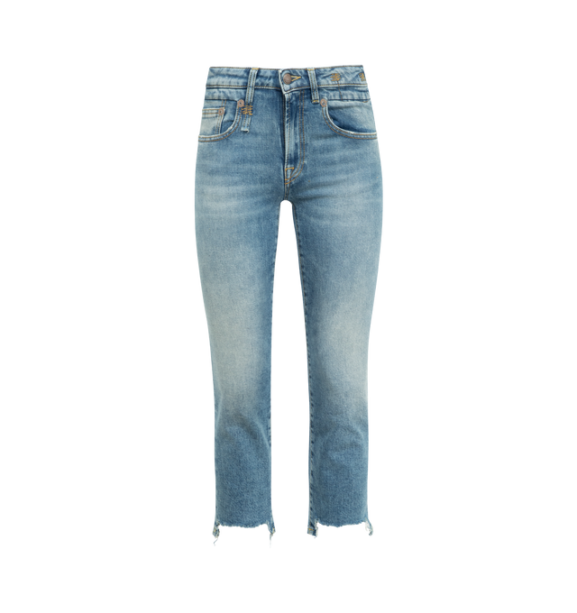 Image 1 of 3 - BLUE - R13 Boy Rip Straight Leg Jean featuring zip fly with button closure, whiskering and fading detail along front, 5-pocket design and frayed hem. 98% cotton, 2% elastane. Made in Italy.