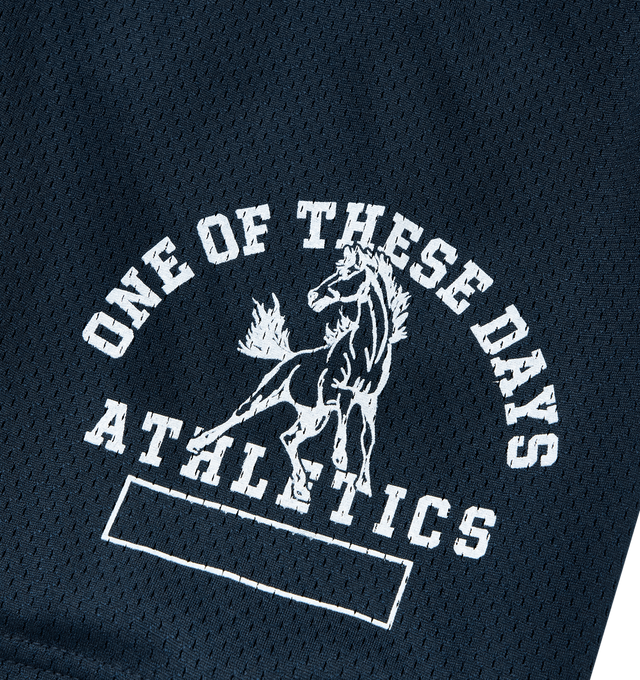 Image 3 of 3 - NAVY - ONE OF THESE DAYS Mustang Athletics Mesh Drawstring Shorts featuring soft mesh, elastic waist with internal drawcord and side-seam pockets. 100% polyester.