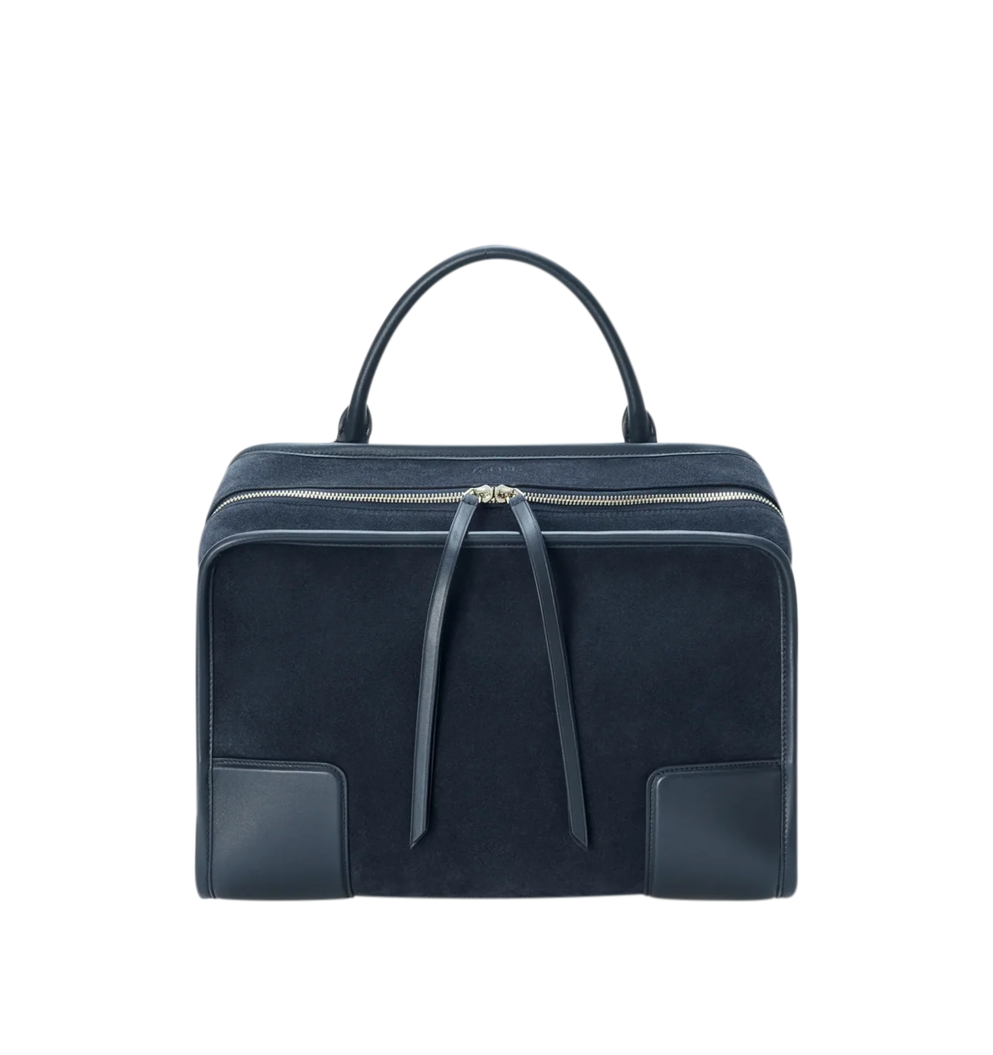 Image 5 of 16 - NAVY - Loewe Large Amazona 180 Bag in suede featuring a relaxed silhouette anchored by a single toron top handle, designed to be carried open while a concealed closure secures the main compartment, removable shoulder and crossbody straps, zip closure with two leather zip pullers, two compartments, main compartment closed with magnetic closure, internal flat pocket, left side d-ring for customization, suede and nappa lambskin lining, embossed LOEWE and embossed double L branding. Suede/calf.
