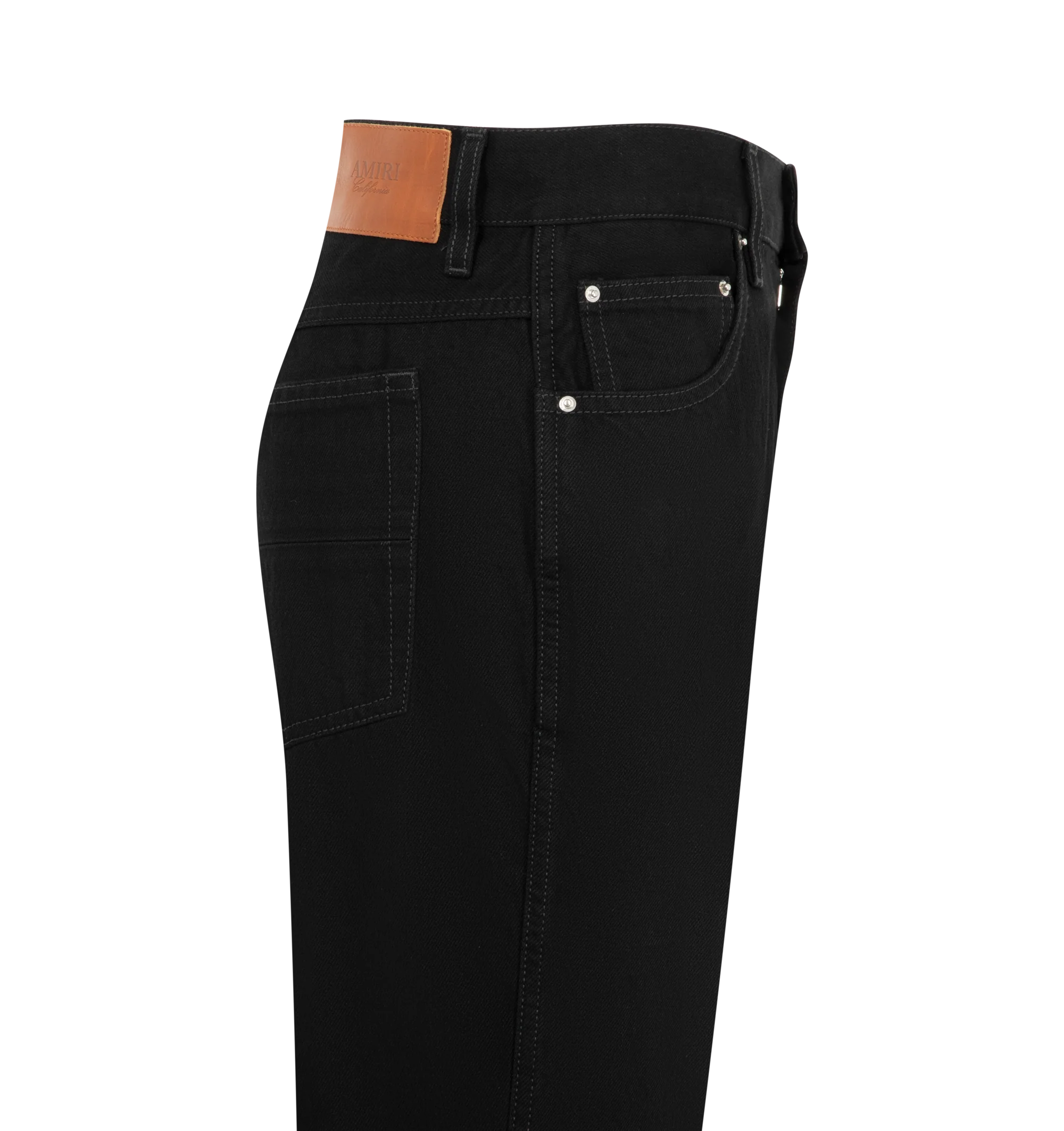 Image 3 of 3 - BLACK - Amiri Men's MA Wide Leg Black Denim Jeans are crafted from cotton denim and feature a wide leg silhouette with a classic five-pocket design and timeless black wash. These designer jeans combine modern proportions with everyday versatility for elevated casual wear. Main Material: 100% Cotton. Made in Romania.