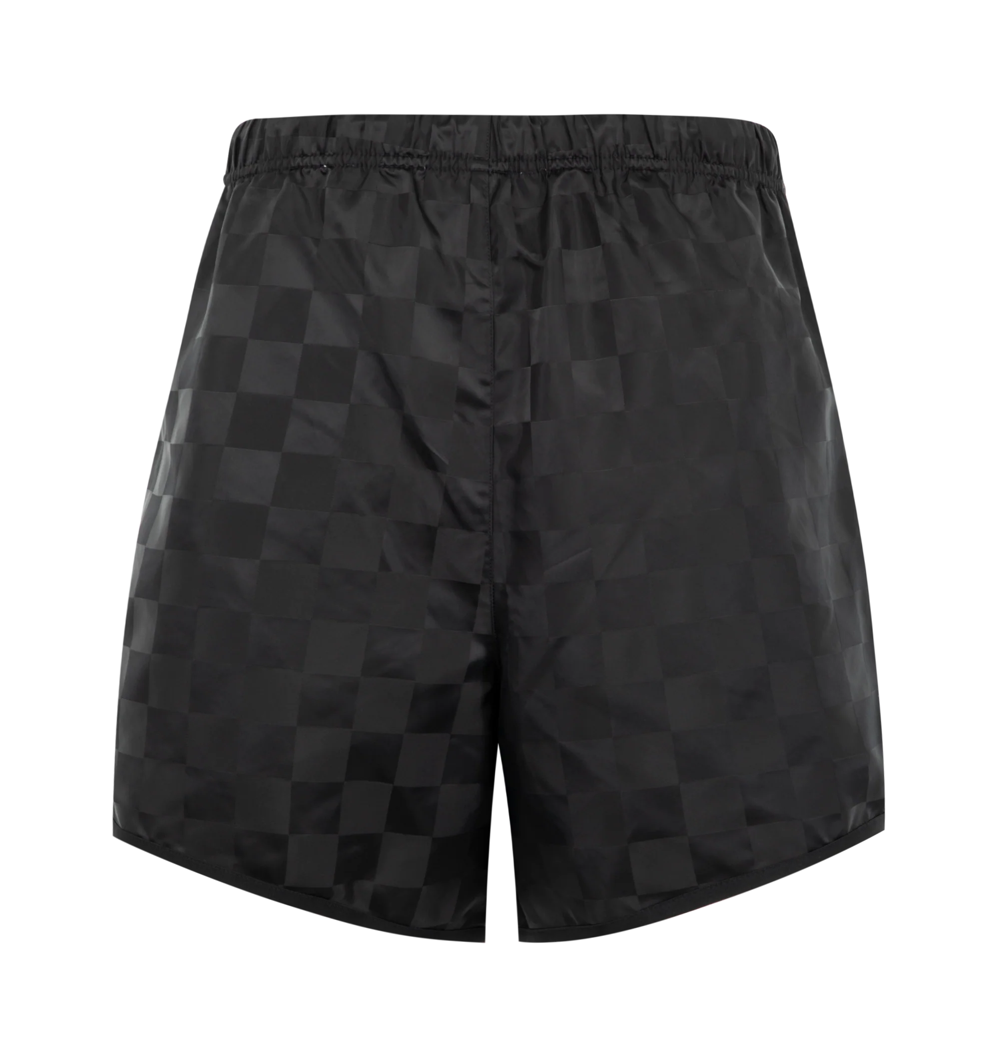 Image 2 of 3 - BLACK - Fear of God Essentials Mens Checkered Gym Shorts are crafted from nylon. Feature a relaxed fit, and an elasticized waistband with drawstring. Main Material: Nylon.