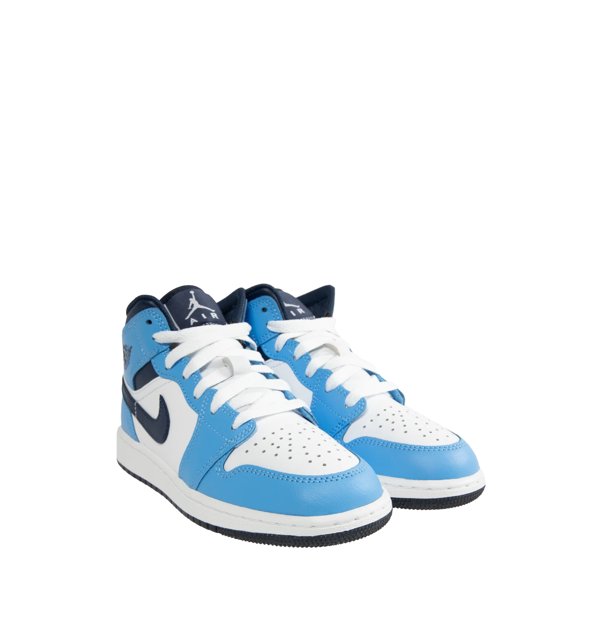 Image 2 of 5 - BLUE - Men's Air Jordan 1 Mid Sneakers feature a leather, synthetic leather, and textile upper with the iconic mid-top silhouette for a timeless heritage look. These lifestyle sneakers combine lightweight Nike Air cushioning, a foam midsole, and a durable rubber outsole with a pivot-circle traction pattern for lasting comfort, support, and reliable grip. Main Material: Leather, Synthetic Leather, and Textile. Midsole: Foam with Nike Air Cushioning. Sole: Rubber.