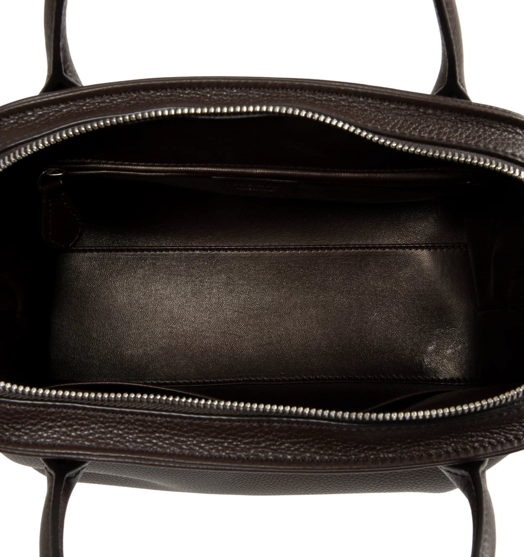 Image 3 of 4 - BROWN - The Row Agnes 12 Bag is crafted from finely grained calfskin leather and features a softly structured top-handle silhouette with tubular handles, gusseted side folds, a curved top zip closure, and a flat base. This designer leather handbag combines exceptional Italian craftsmanship with timeless minimalist design, offering a refined everyday carry with a spacious, elegant interior. Main Material: 100% Calfskin Leather. Lining: 100% Lambskin Leather. Dimensions: 12.99 x 5.91 x 8.27 in.