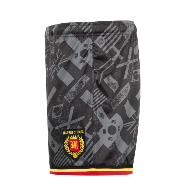 Image 4 of 4 - BLACK - MARKET SMILEY International Flags Soccer Shorts featuring elastic waistband, adjustable interior drawcord, side pockets, back pocket, ribbed leg trim, all-over printed pattern, crest logo patch on front left leg and Smiley patch on front right leg. 100% polyester. 