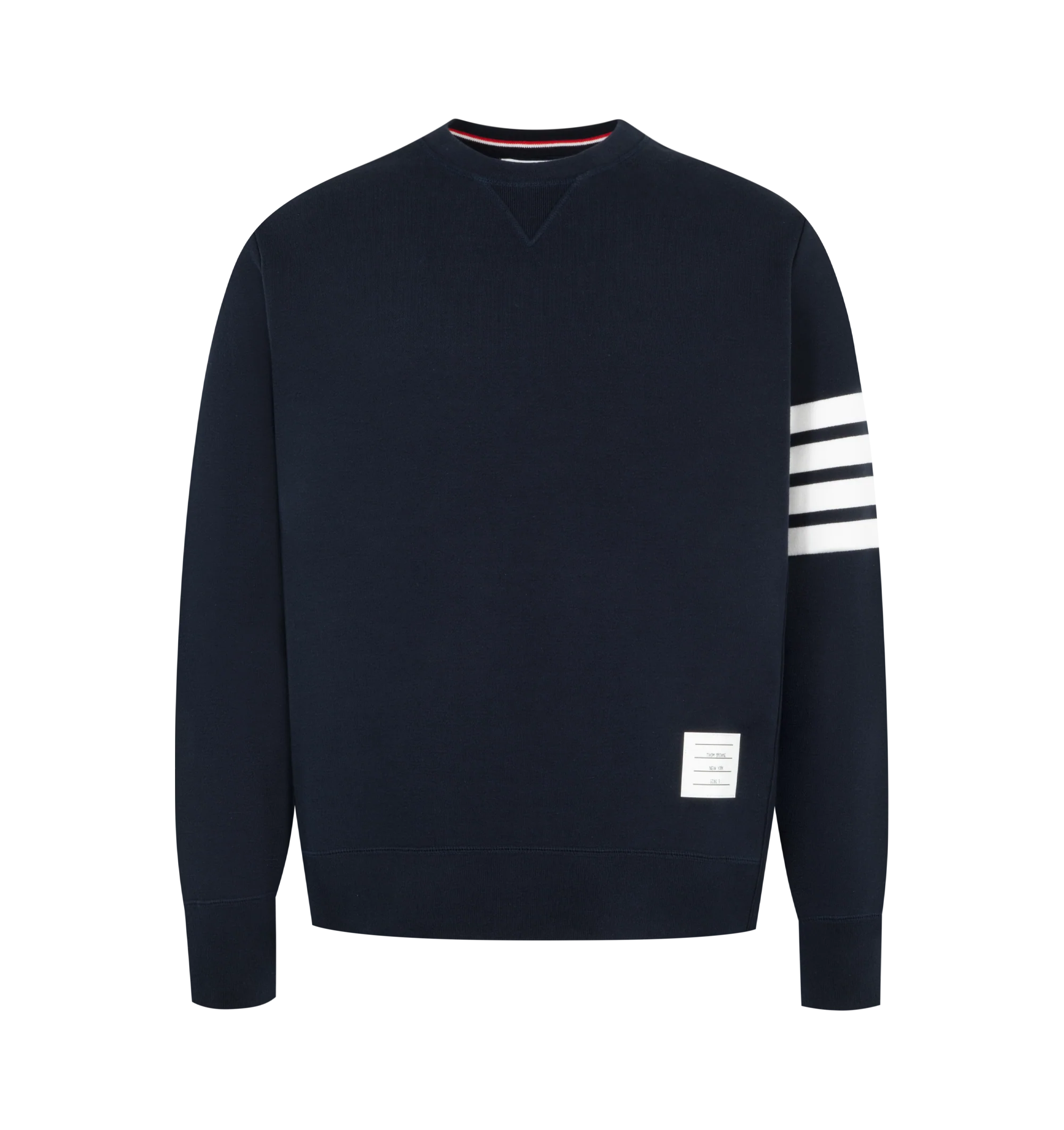 Image 1 of 2 - NAVY - THOM BROWNE Classic Loopback 4-Bar Sweatshirt featuring crew neckline with v patch, engineered 4-bar stripe detail at left sleeve, name tag applique above hem, buttoned side vents with signature striped grosgrain trim and signature striped grosgrain loop tab at back of neck. 100% cotton. Made in Japan.