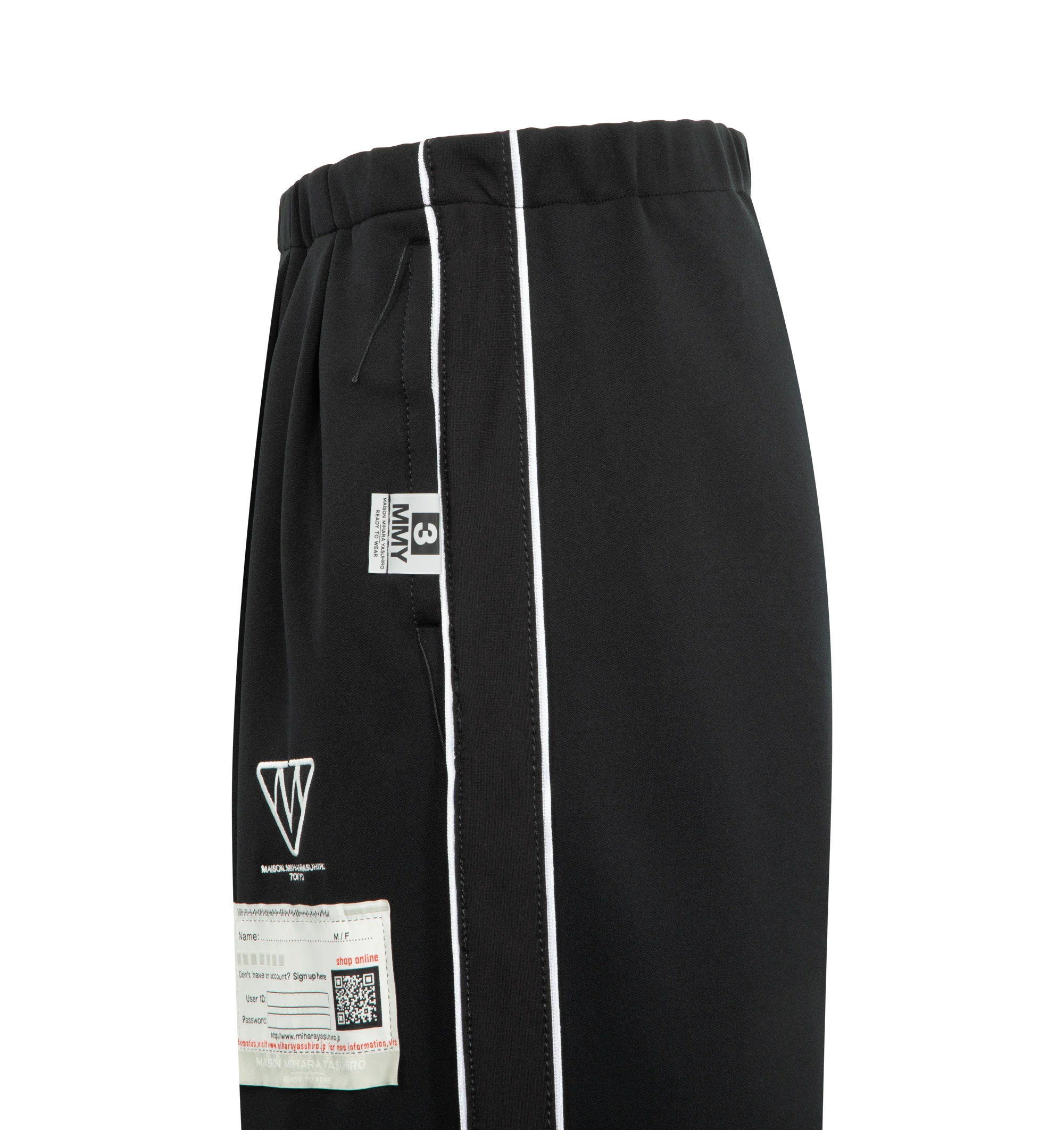 Image 3 of 3 - BLACK - Maison Mihara Yasuhiro Men's Amateur Sewn Track Pants feature an elastic waistband, signature embroidered logo detailing, side striped trim, side pockets, and a back pocket for a sporty yet elevated look. These designer track pants combine everyday comfort with the brand's contemporary aesthetic, making them a versatile choice for casual and streetwear styling. Material: 100% Polyester.