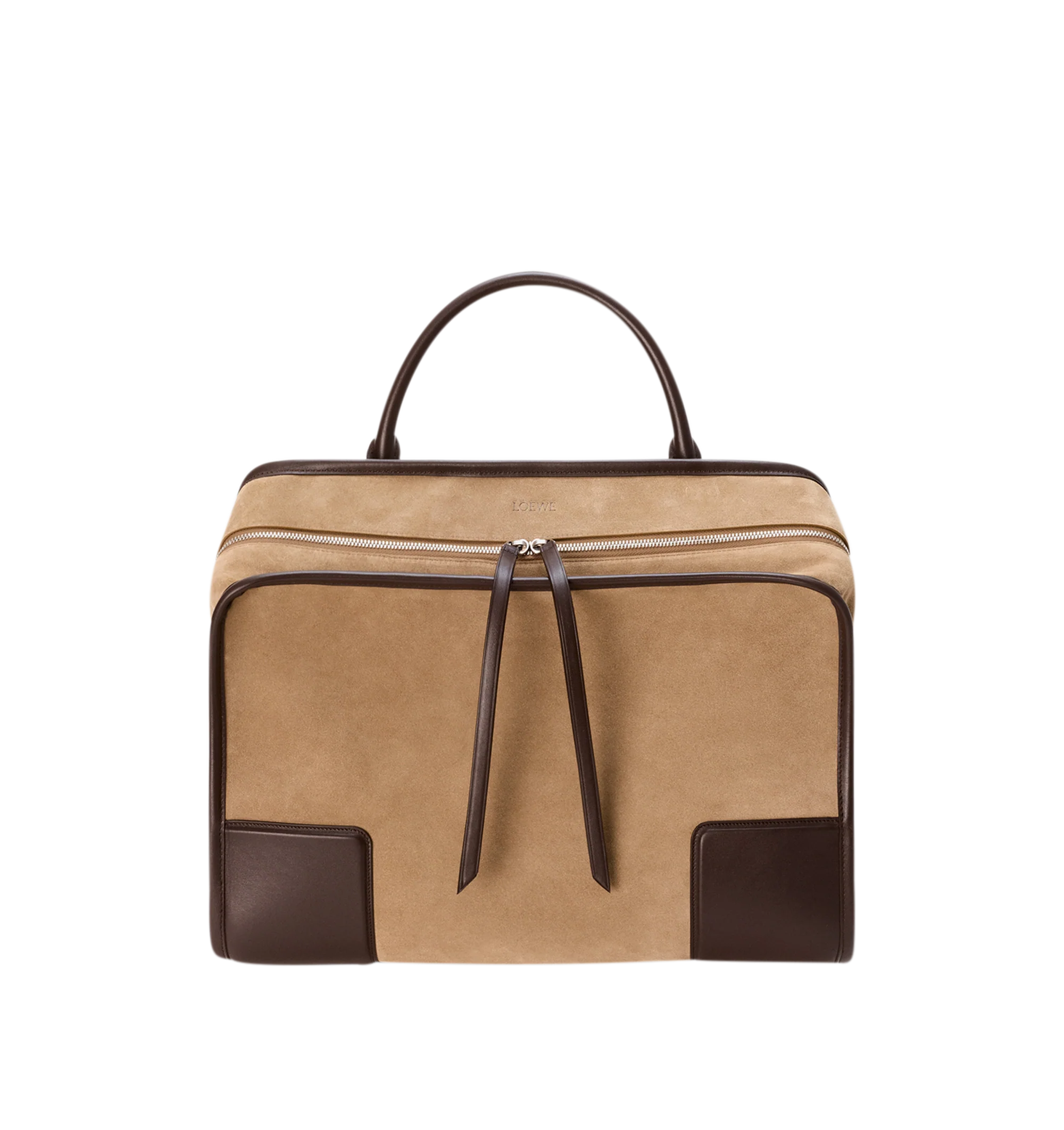 Image 4 of 16 - BROWN - Loewe Mens Amazona 180 XL Bag is crafted from suede with soft calfskin details. Features a relaxed silhouette, single toron top handle, removable shoulder handle, adjustable crossbody strap, zip closure with two leather pullers, two compartments with concealed magnetic closure, interior flat pocket, side D-ring, suede and nappa lambskin lining, palladium-tone hardware, and embossed LOEWE and Double L branding. Dimensions: 40 31 16 cm; Strap Length: 105133 cm; Strap Drop: 4761 cm; H
