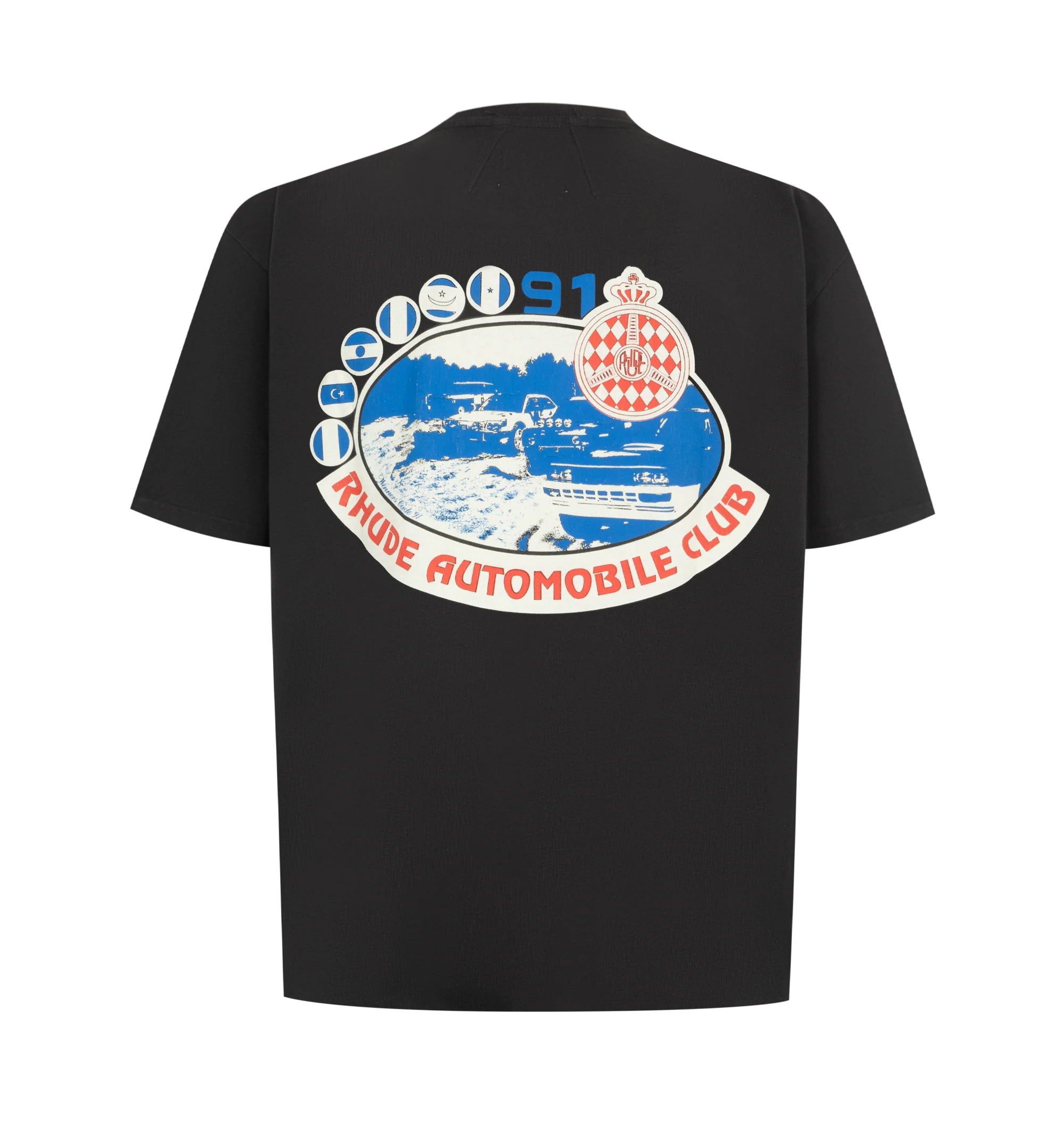 Image 2 of 2 - BLACK - Rhude Mens Automobile Club T-Shirt is crafted from a cotton jersey. Features a crew neck, short sleeves, custom fit, and graphics printed on the front chest and back. Main Material: 100% Cotton. Made in the USA.